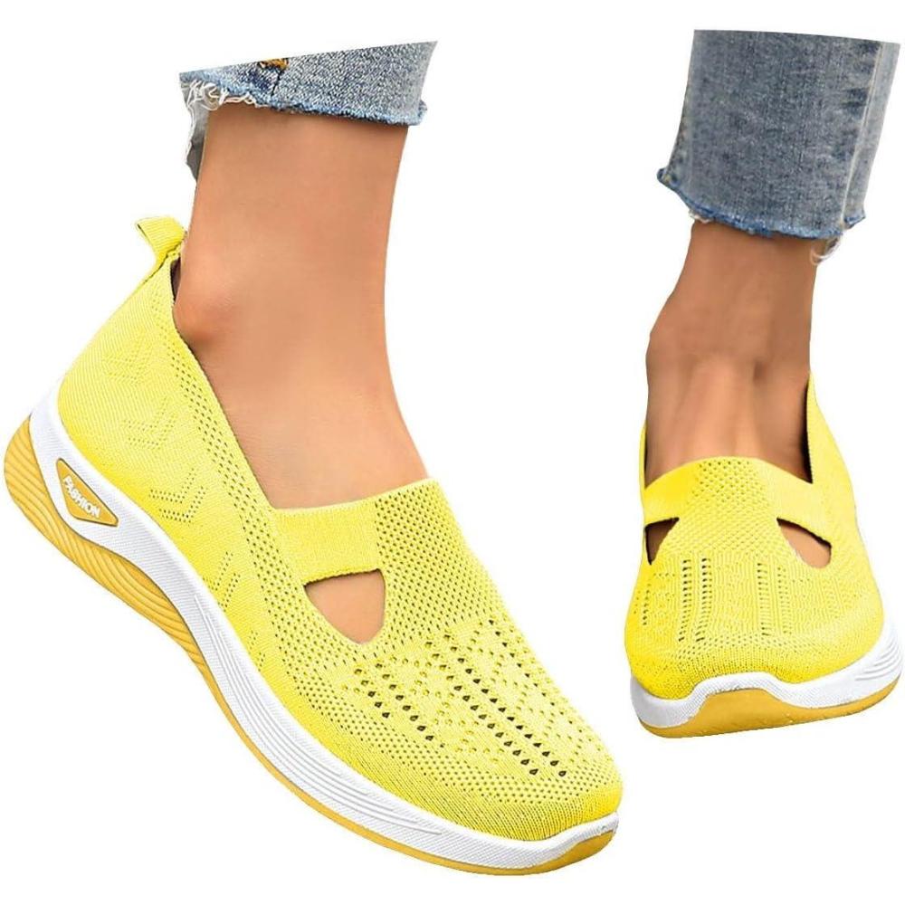 image:imageChaussures Orthopdiques pour Femme Chaussures sans Lacets Antidrapantes avec Maille pour Femme Basket de Marche Plateforme Orthopdique Lgres et Confortables02 Jaune