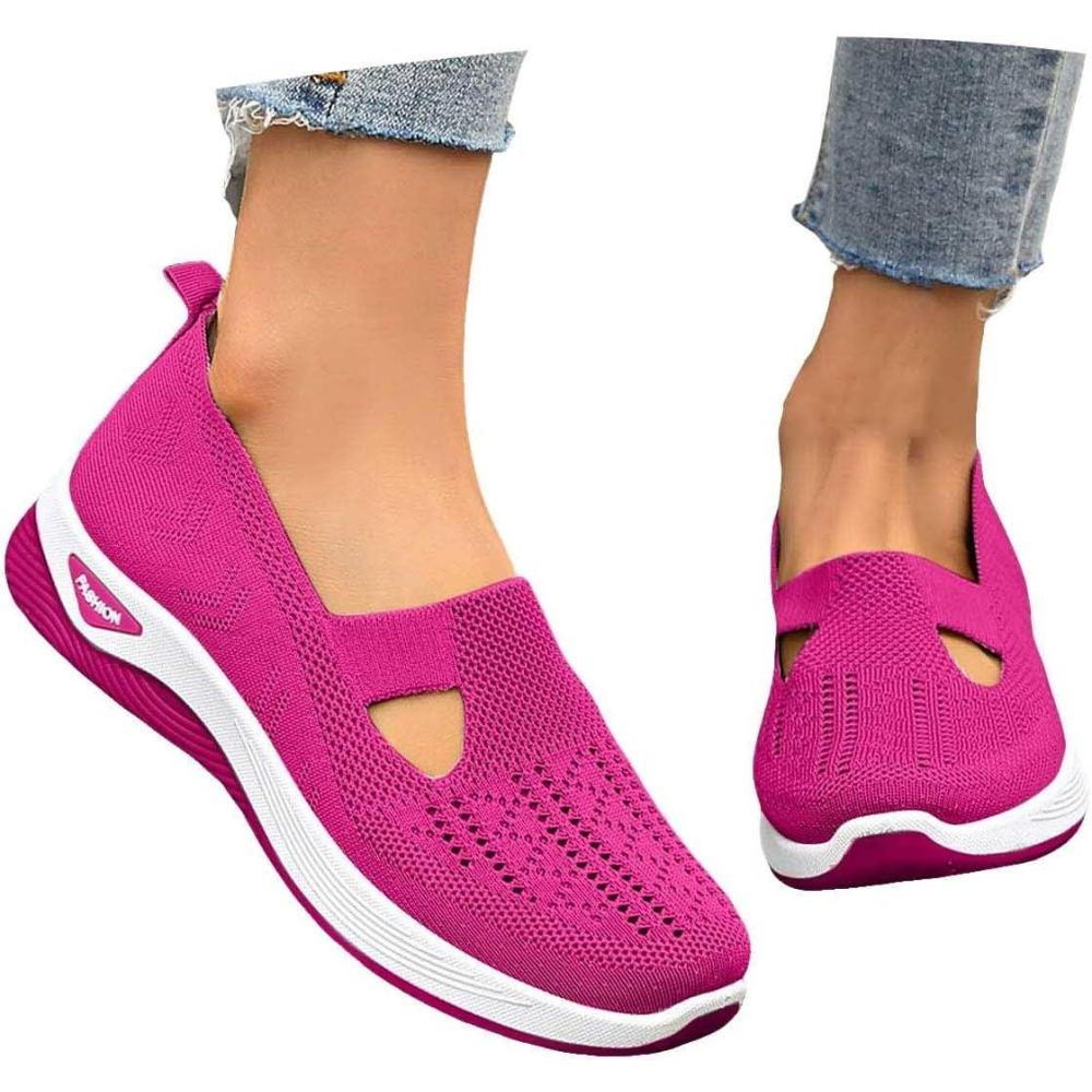 image:imageChaussures Orthopdiques pour Femme Chaussures sans Lacets Antidrapantes avec Maille pour Femme Basket de Marche Plateforme Orthopdique Lgres et Confortables Fitness Gym Outdoor011 B Rose Vif