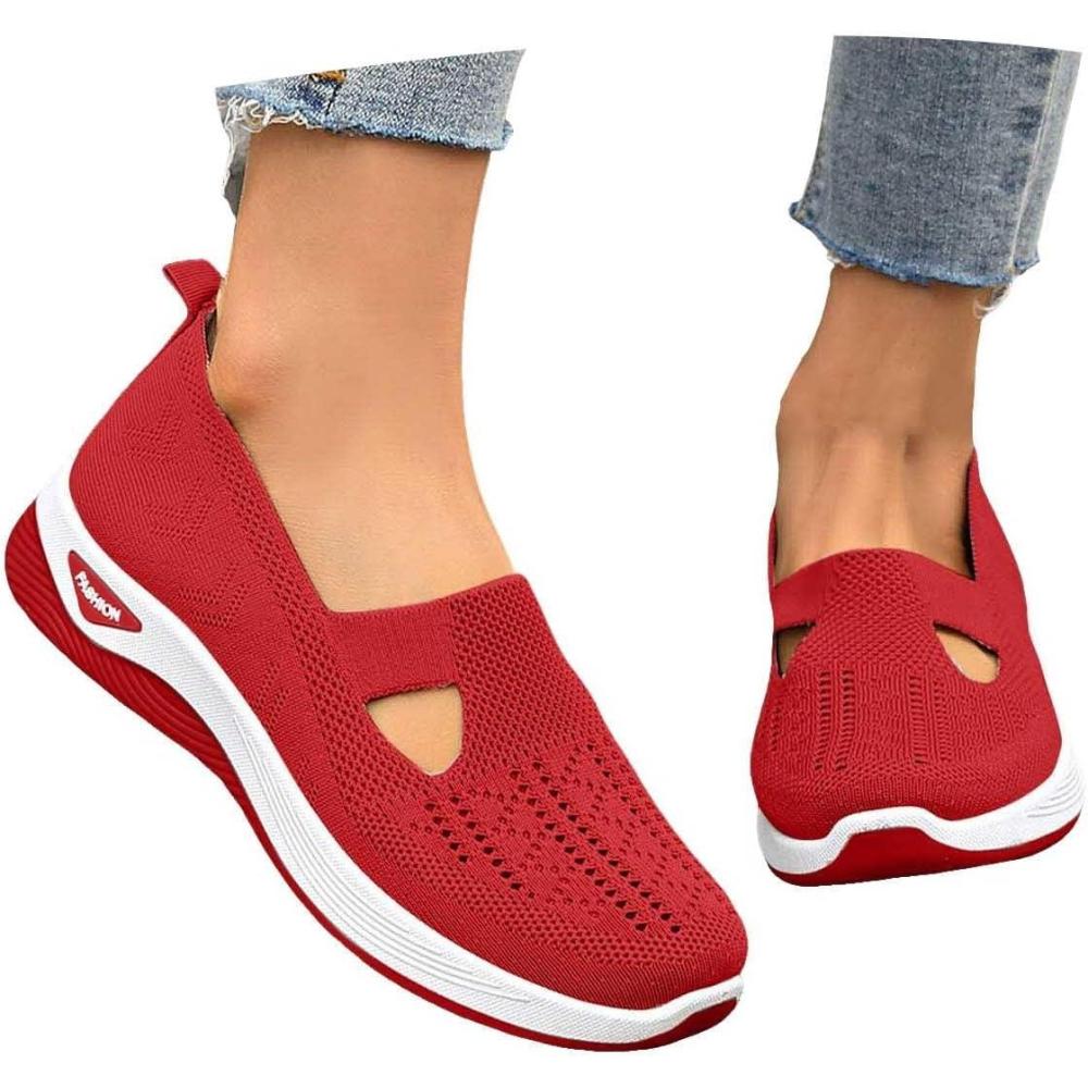 image:imageChaussures Orthopdiques pour Femme Chaussures sans Lacets Antidrapantes avec Maille pour Femme Basket de Marche Plateforme Orthopdique Lgres et Confortables Fitness Gym Outdoor011 B Rouge