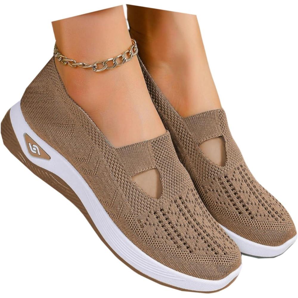 image:imageChaussure FemmeOrthopdique Femme t Femmes Chaussures de Sport Fond Plat AntiGlissement Maille Creux suprieur Respirable Douce Glissement dcontractBrown