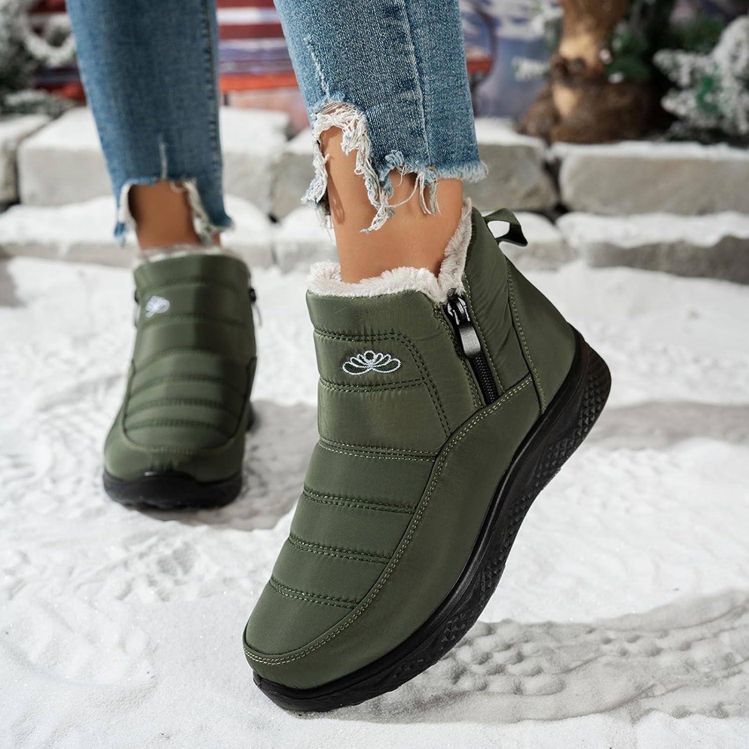 image:imageBottes De Neige Femme Impermable Chaussures Doublure En Fourrure Hiver Bottine Antidrapante Bottines Confortables Fourres Chaude Fourr Bottes De NeigeA3 Vert de Larme
