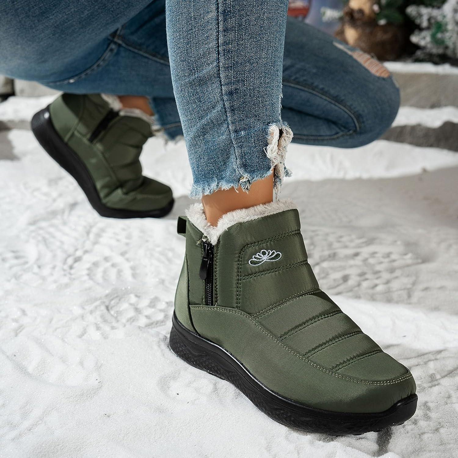 image:imageBottes De Neige Femme Impermable Chaussures Doublure En Fourrure Hiver Bottine Antidrapante Bottines Confortables Fourres Chaude Fourr Bottes De NeigeA3 Vert de Larme