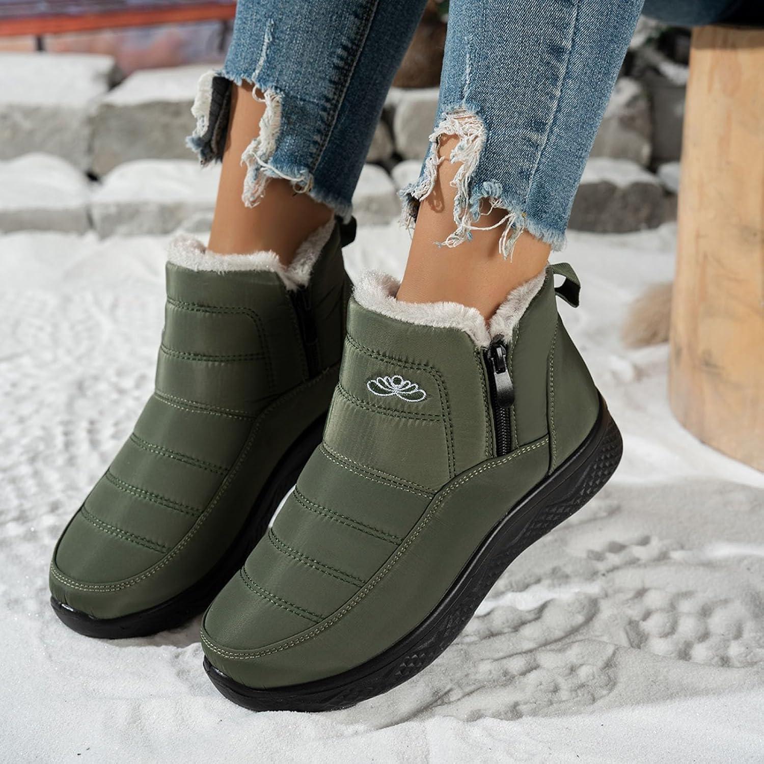 image:imageBottes De Neige Femme Impermable Chaussures Doublure En Fourrure Hiver Bottine Antidrapante Bottines Confortables Fourres Chaude Fourr Bottes De NeigeA3 Vert de Larme