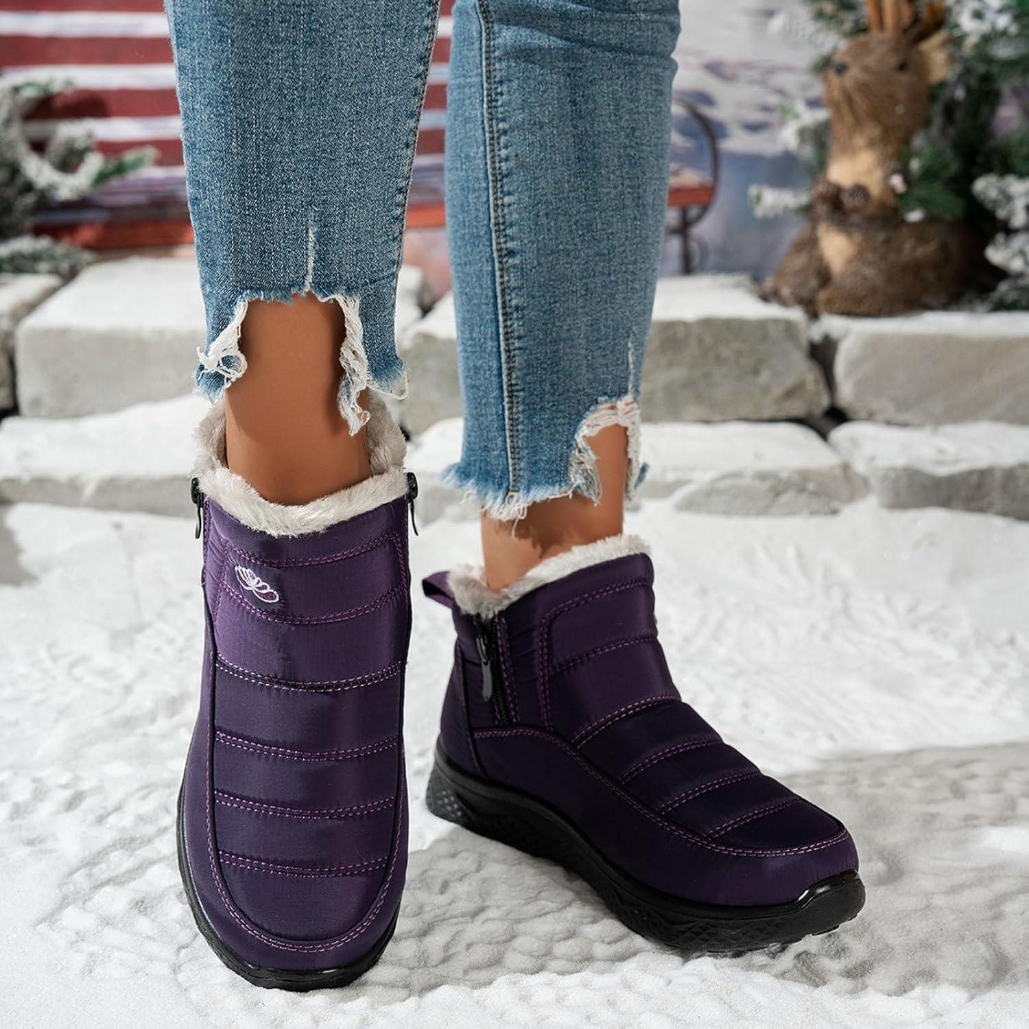 image:imageBottes De Neige Femme Impermable Chaussures Doublure En Fourrure Hiver Bottine Antidrapante Bottines Confortables Fourres Chaude Fourr Bottes De NeigeA3 Violet