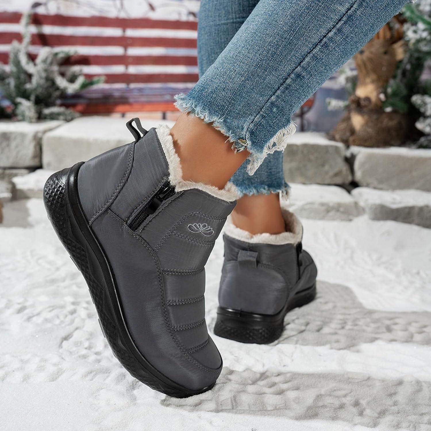 image:imageBottes De Neige Femme Impermable Chaussures Doublure En Fourrure Hiver Bottine Antidrapante Bottines Confortables Fourres Chaude Fourr Bottes De NeigeA3 Gris