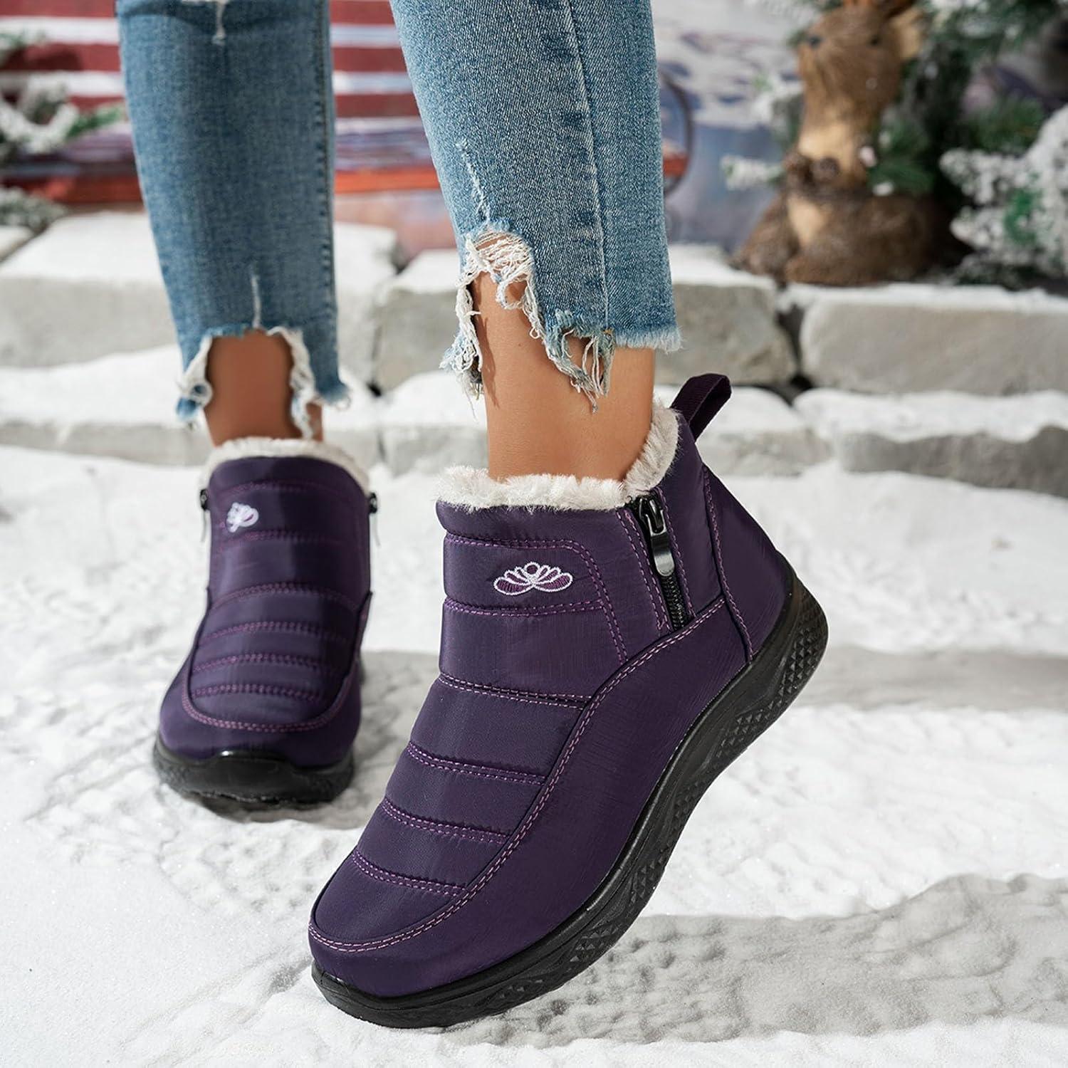 image:imageBottes De Neige Femme Impermable Chaussures Doublure En Fourrure Hiver Bottine Antidrapante Bottines Confortables Fourres Chaude Fourr Bottes De NeigeA3 Violet
