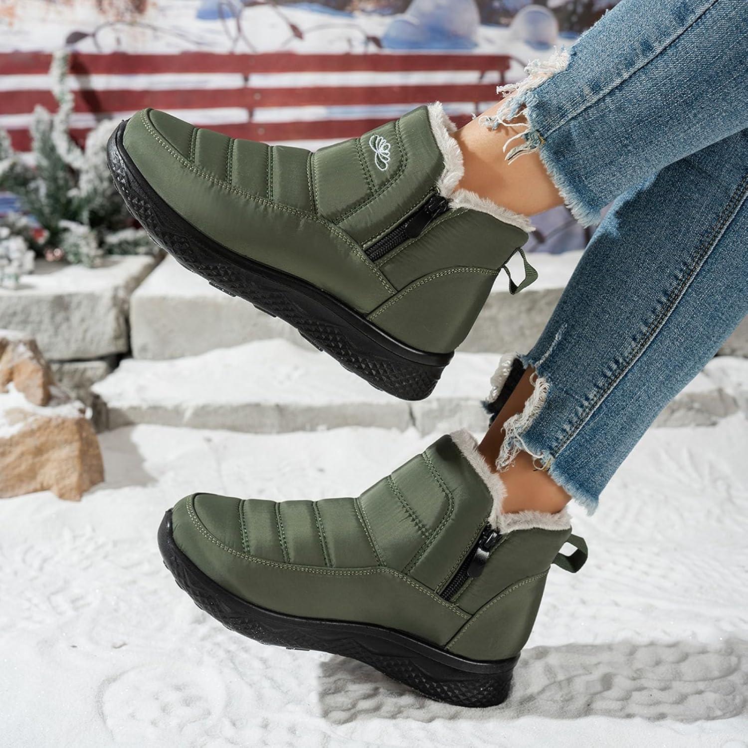 image:imageBottes De Neige Femme Impermable Chaussures Doublure En Fourrure Hiver Bottine Antidrapante Bottines Confortables Fourres Chaude Fourr Bottes De NeigeA3 Vert de Larme