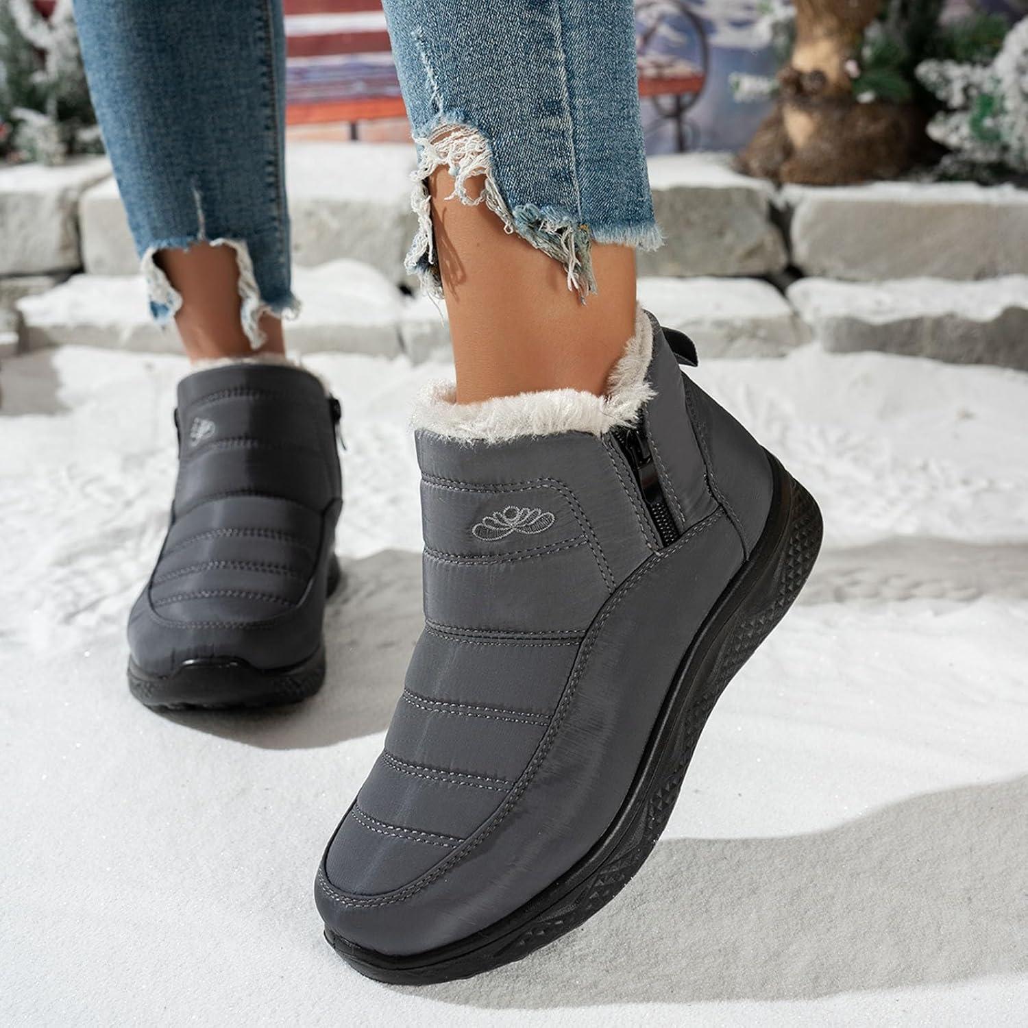 image:imageBottes De Neige Femme Impermable Chaussures Doublure En Fourrure Hiver Bottine Antidrapante Bottines Confortables Fourres Chaude Fourr Bottes De NeigeA3 Gris