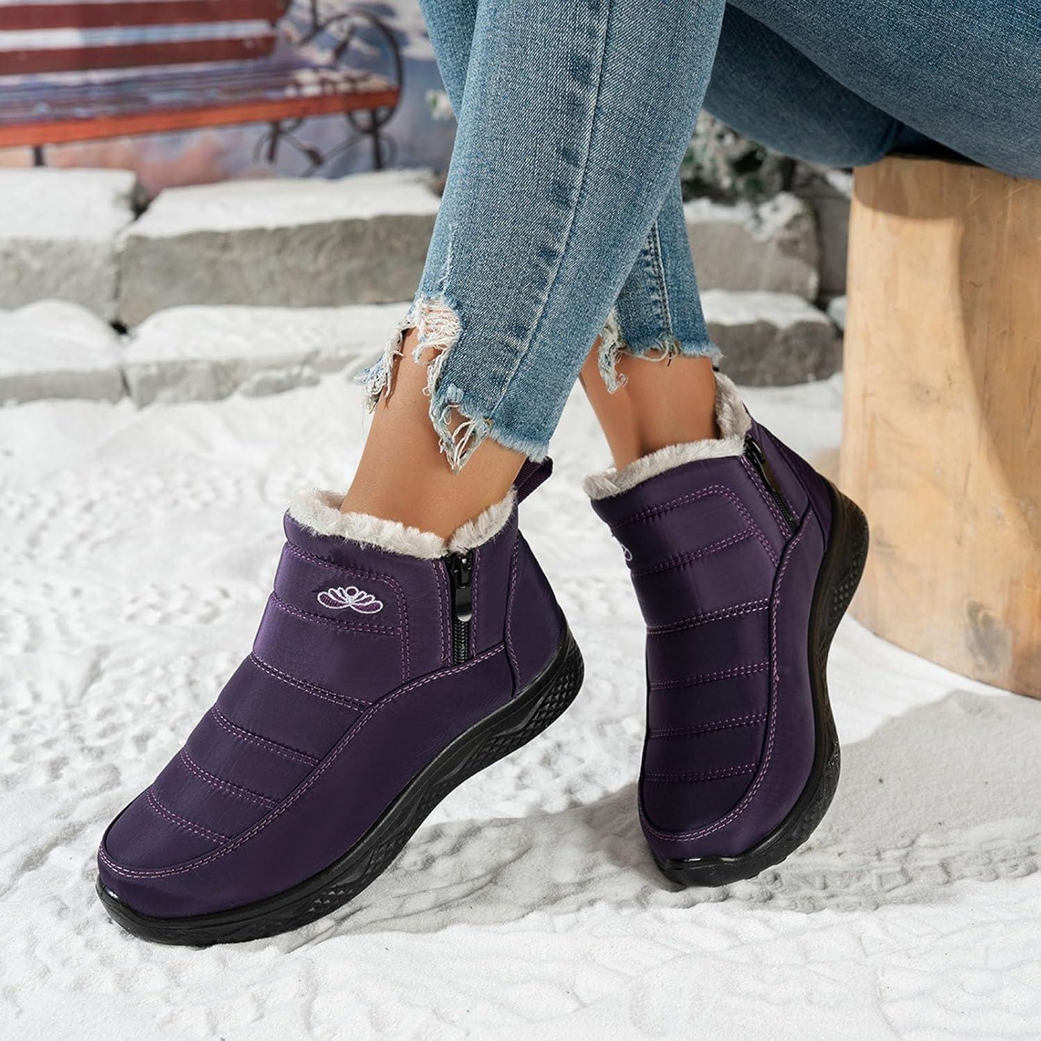 image:imageBottes De Neige Femme Impermable Chaussures Doublure En Fourrure Hiver Bottine Antidrapante Bottines Confortables Fourres Chaude Fourr Bottes De NeigeA3 Violet