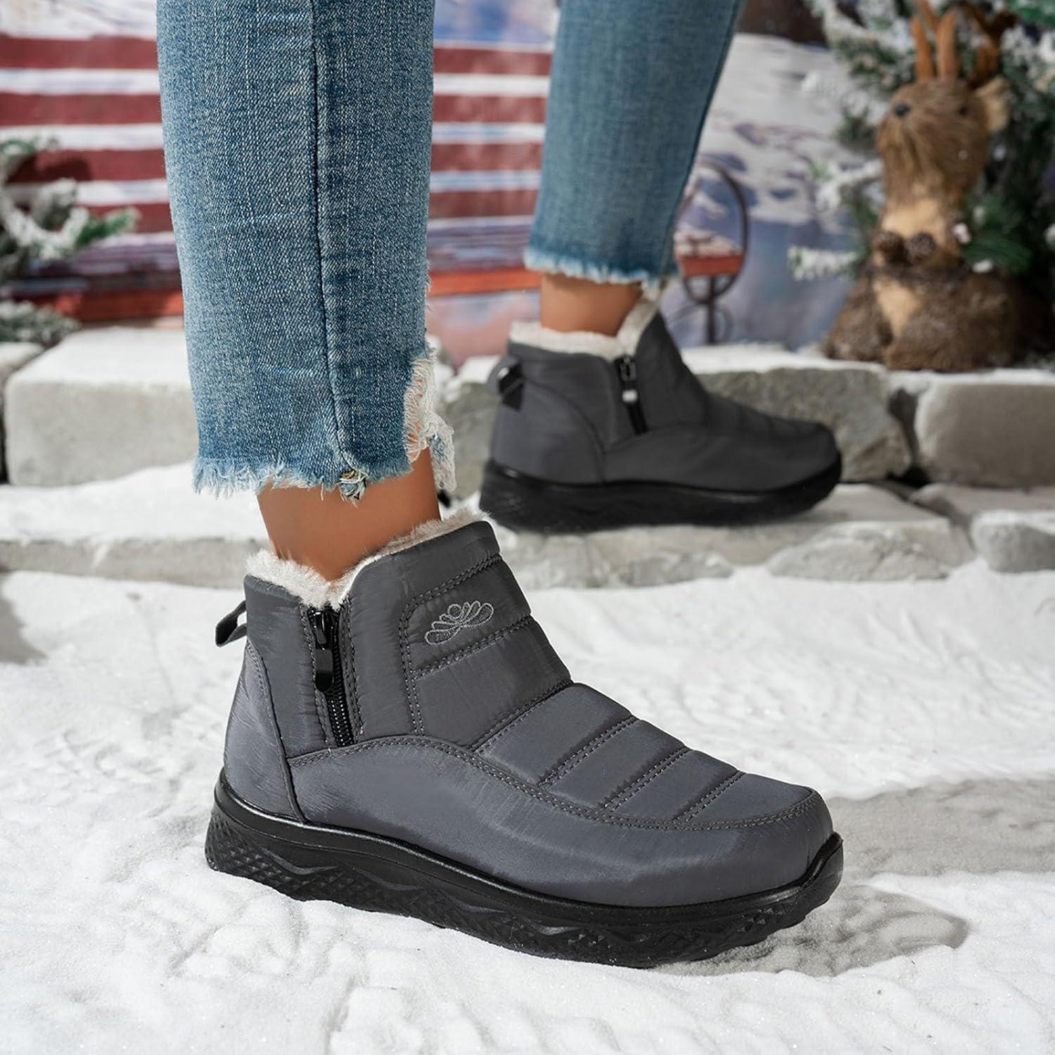 image:imageBottes De Neige Femme Impermable Chaussures Doublure En Fourrure Hiver Bottine Antidrapante Bottines Confortables Fourres Chaude Fourr Bottes De NeigeA3 Gris