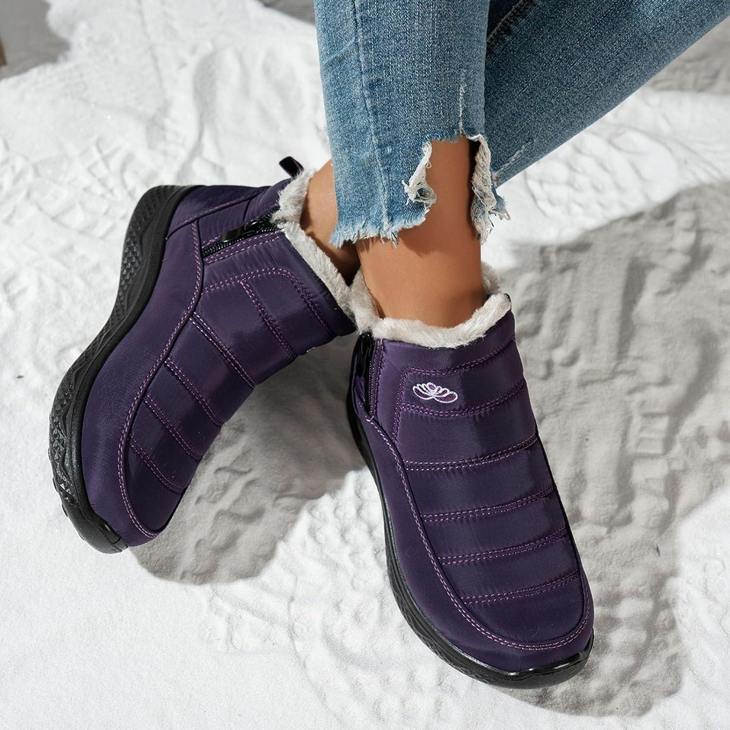 image:imageBottes De Neige Femme Impermable Chaussures Doublure En Fourrure Hiver Bottine Antidrapante Bottines Confortables Fourres Chaude Fourr Bottes De NeigeA3 Violet