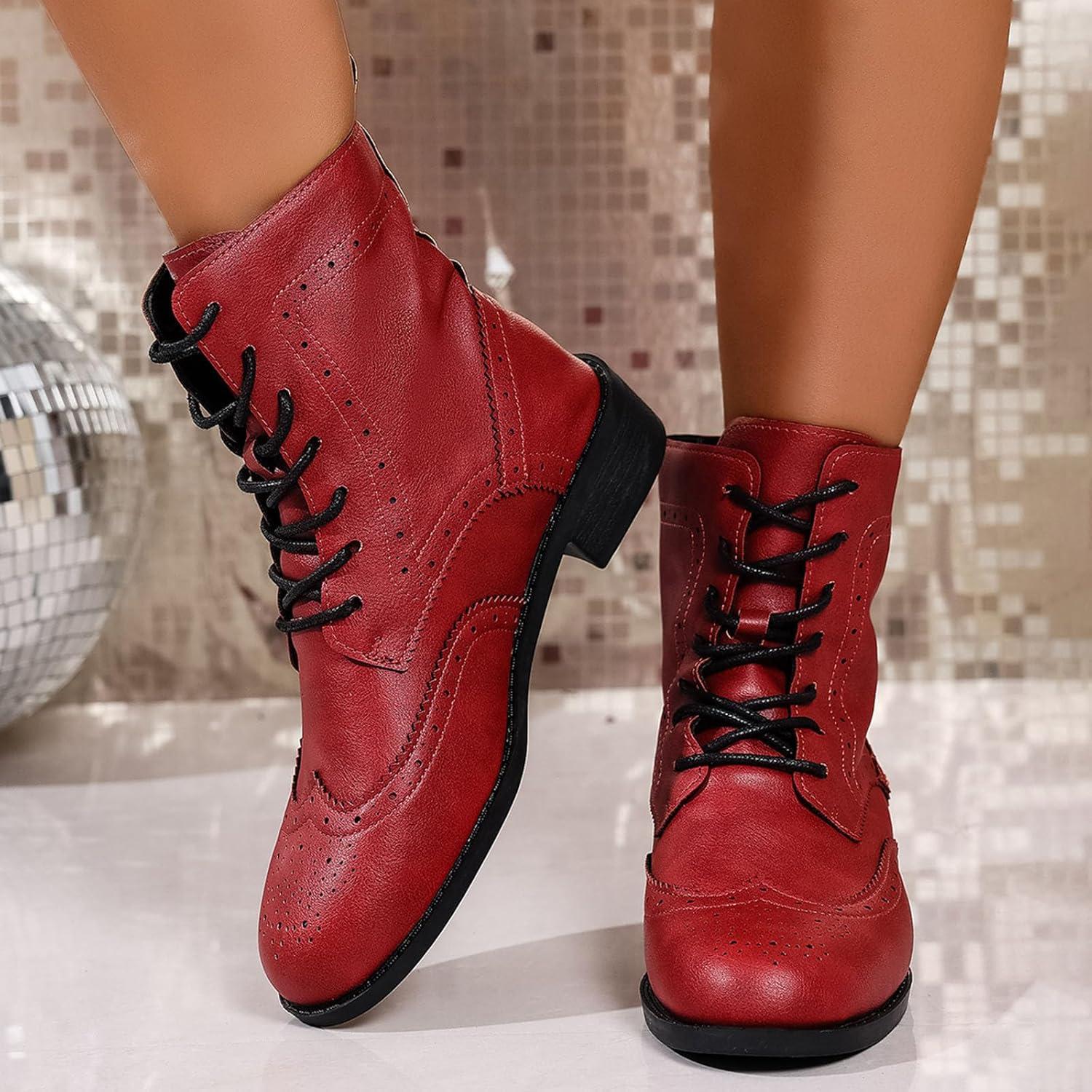 image:imageBottes Femme de la Mode Botte Confortables Bottines avec Fermeture clair pour lAutomne et de lhiver Vintage Bottes et Bottines Chunky Talons Chaud Cheville Chaussons AntidRapante01 Rouge