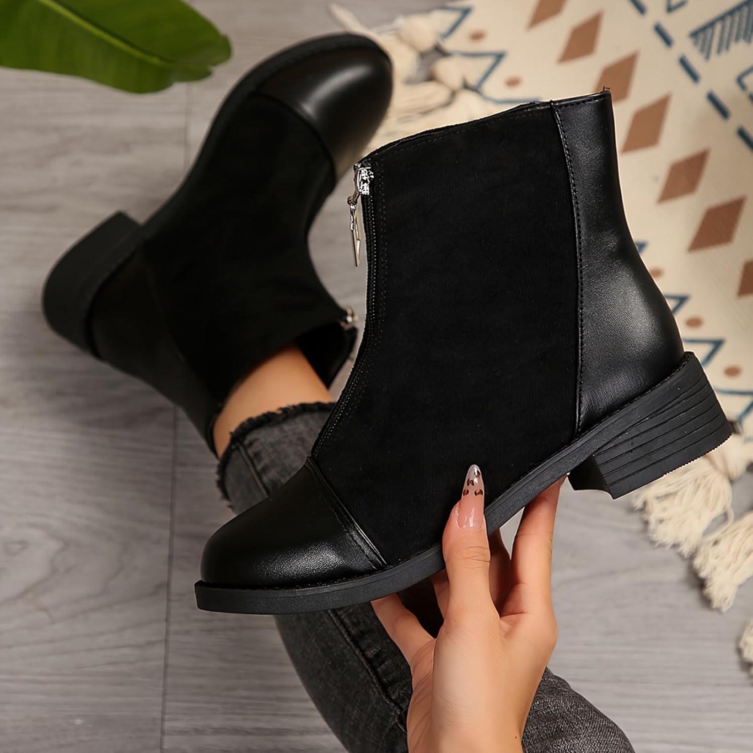 image:imageBottes Femme de la Mode Botte Confortables Bottines avec Fermeture clair pour lAutomne et de lhiver Vintage Bottes et Bottines Chunky Talons Chaud Cheville Chaussons AntidRapante06 le Noir