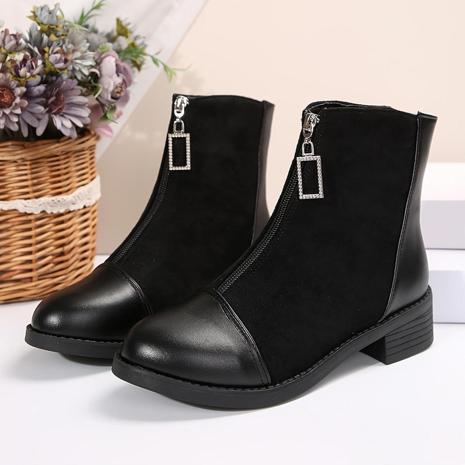 image:imageBottes Femme de la Mode Botte Confortables Bottines avec Fermeture clair pour lAutomne et de lhiver Vintage Bottes et Bottines Chunky Talons Chaud Cheville Chaussons AntidRapante06 le Noir