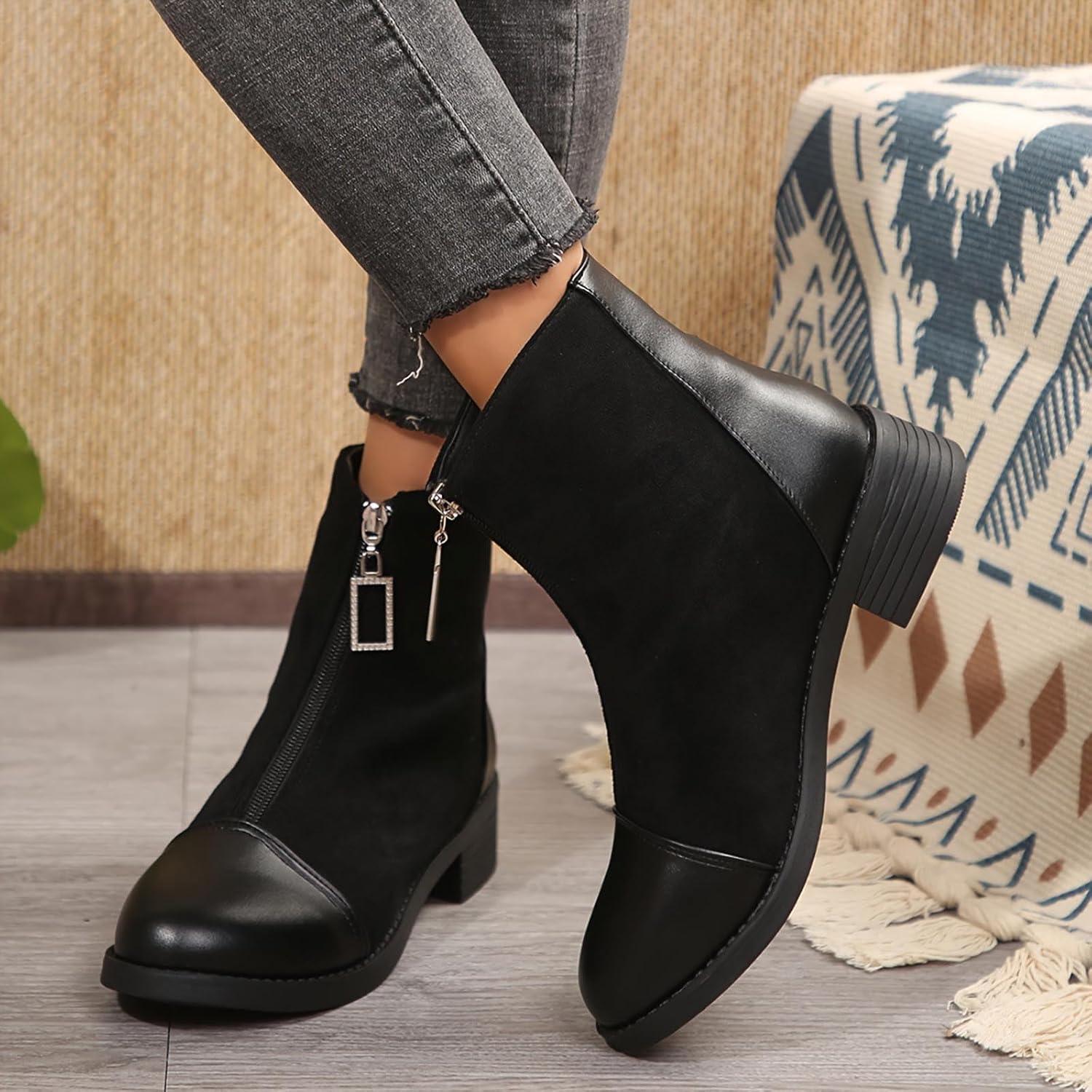 image:imageBottes Femme de la Mode Botte Confortables Bottines avec Fermeture clair pour lAutomne et de lhiver Vintage Bottes et Bottines Chunky Talons Chaud Cheville Chaussons AntidRapante06 le Noir