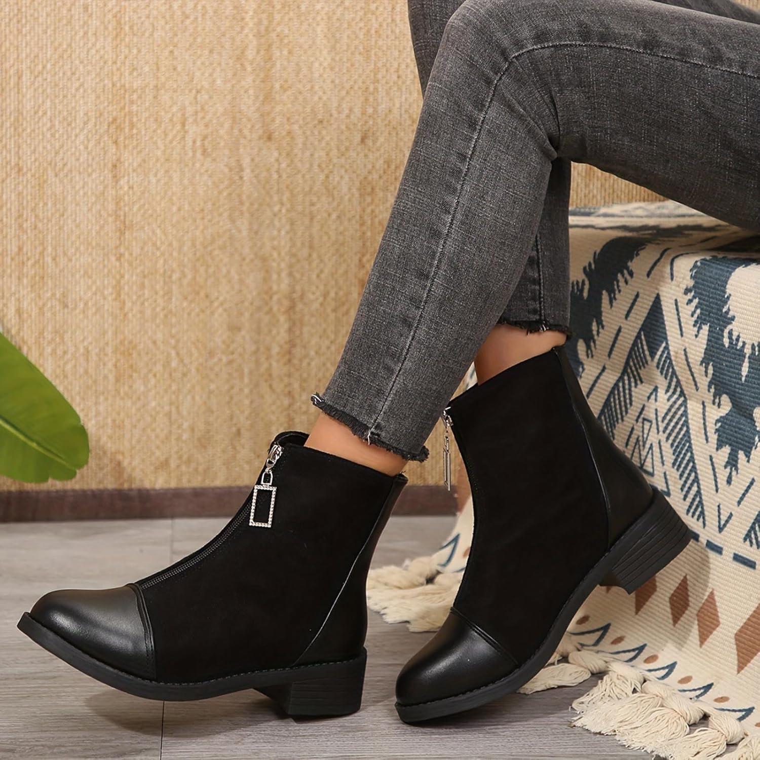 image:imageBottes Femme de la Mode Botte Confortables Bottines avec Fermeture clair pour lAutomne et de lhiver Vintage Bottes et Bottines Chunky Talons Chaud Cheville Chaussons AntidRapante06 le Noir
