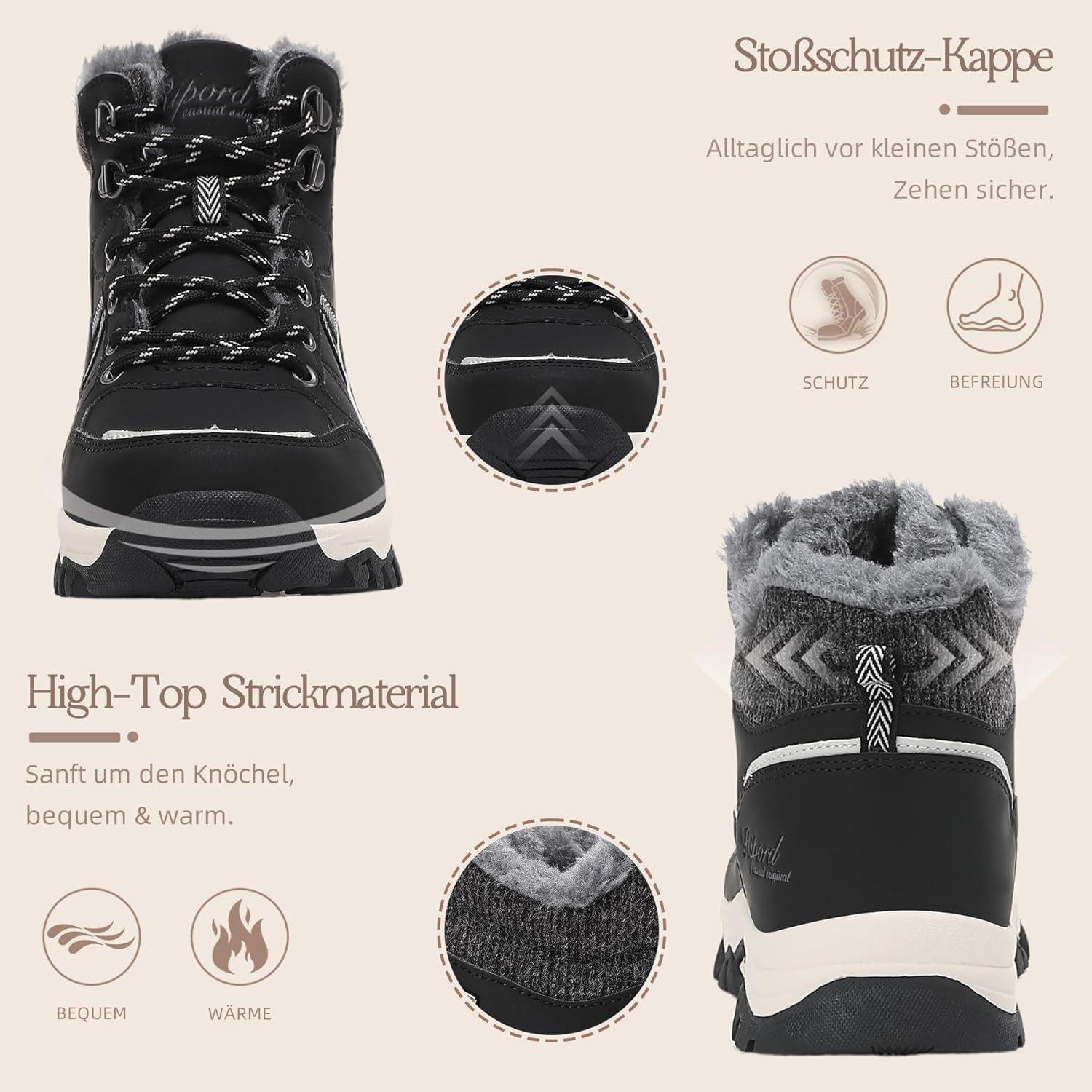 image:imageBottes de Neige Femme Hiver Bottines Fourres de Randonne Boots 3641Lignes Noires et Blanches