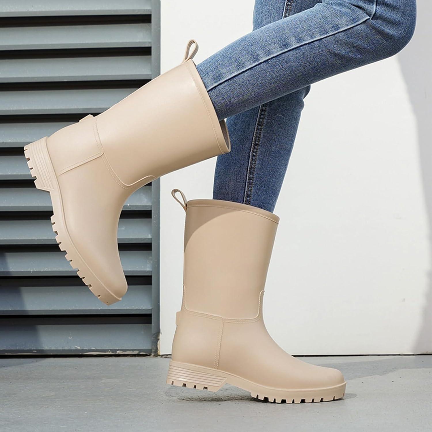 image:imageBottes de Pluie Chic pour Femmes Bottes en Caoutchouc Botte Tendance et Elgante Bottines de Pluie Antidrapant et Durable Jardin BootsBeige
