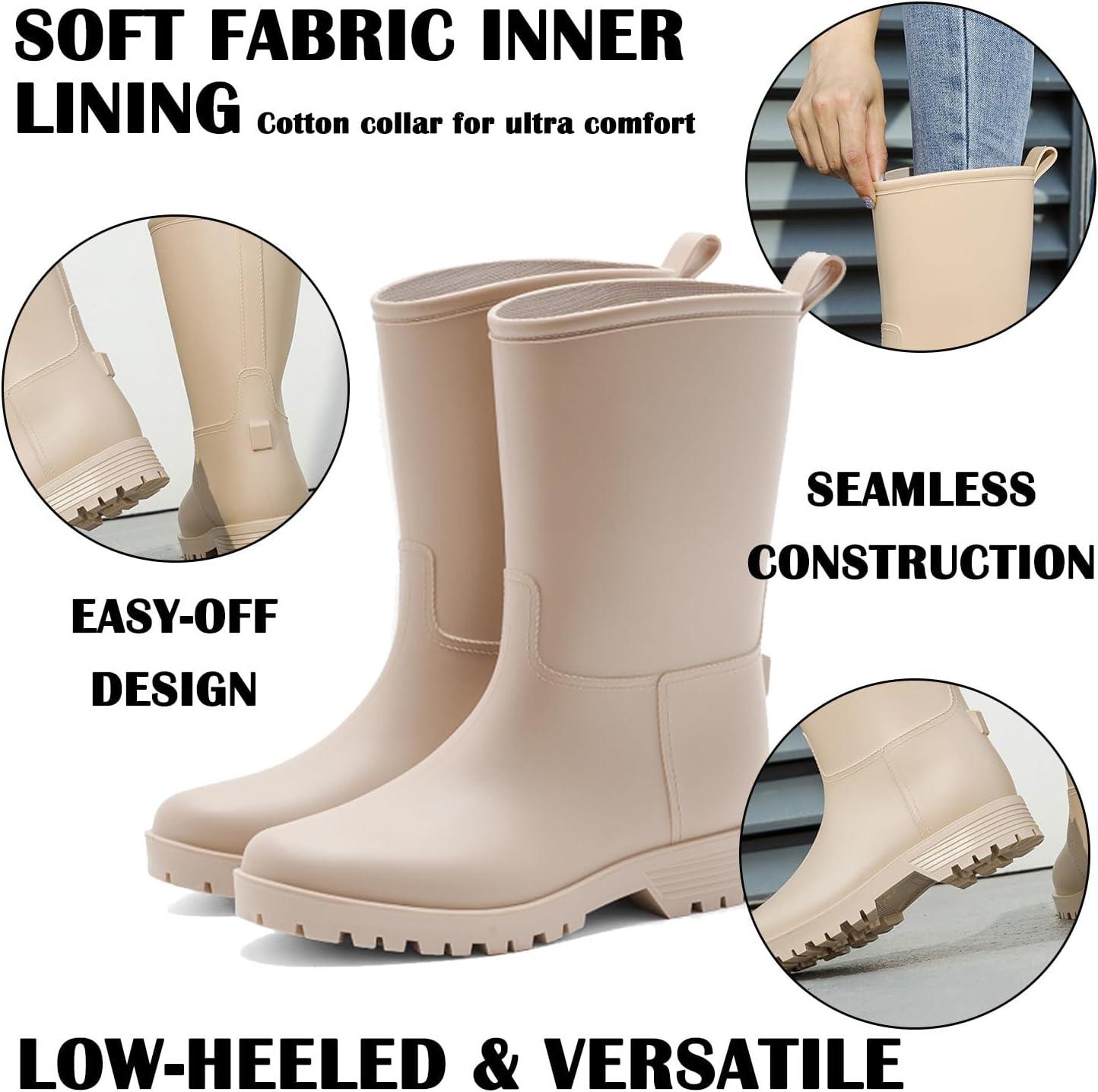 image:imageBottes de Pluie Chic pour Femmes Bottes en Caoutchouc Botte Tendance et Elgante Bottines de Pluie Antidrapant et Durable Jardin BootsBeige