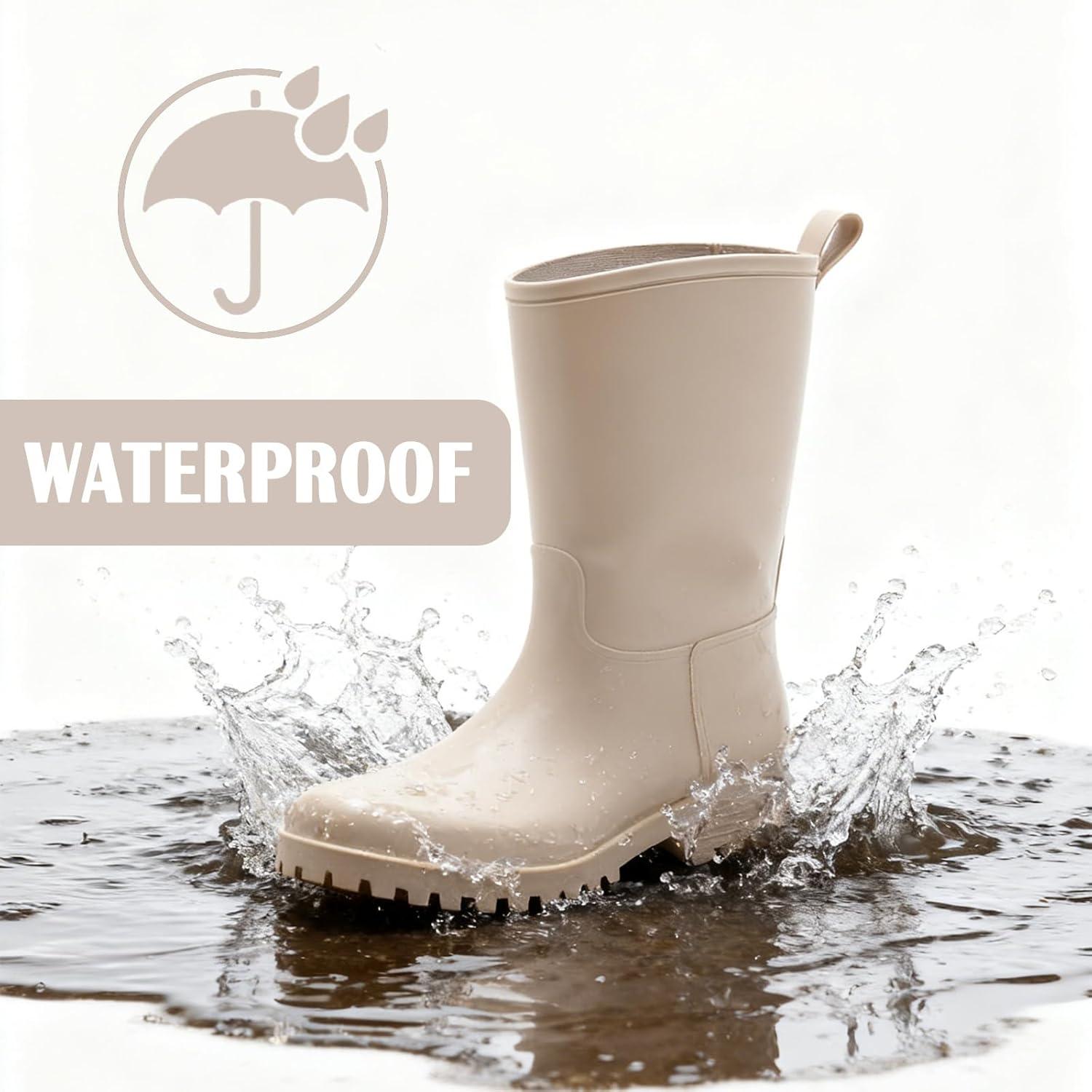 image:imageBottes de Pluie Chic pour Femmes Bottes en Caoutchouc Botte Tendance et Elgante Bottines de Pluie Antidrapant et Durable Jardin BootsBeige