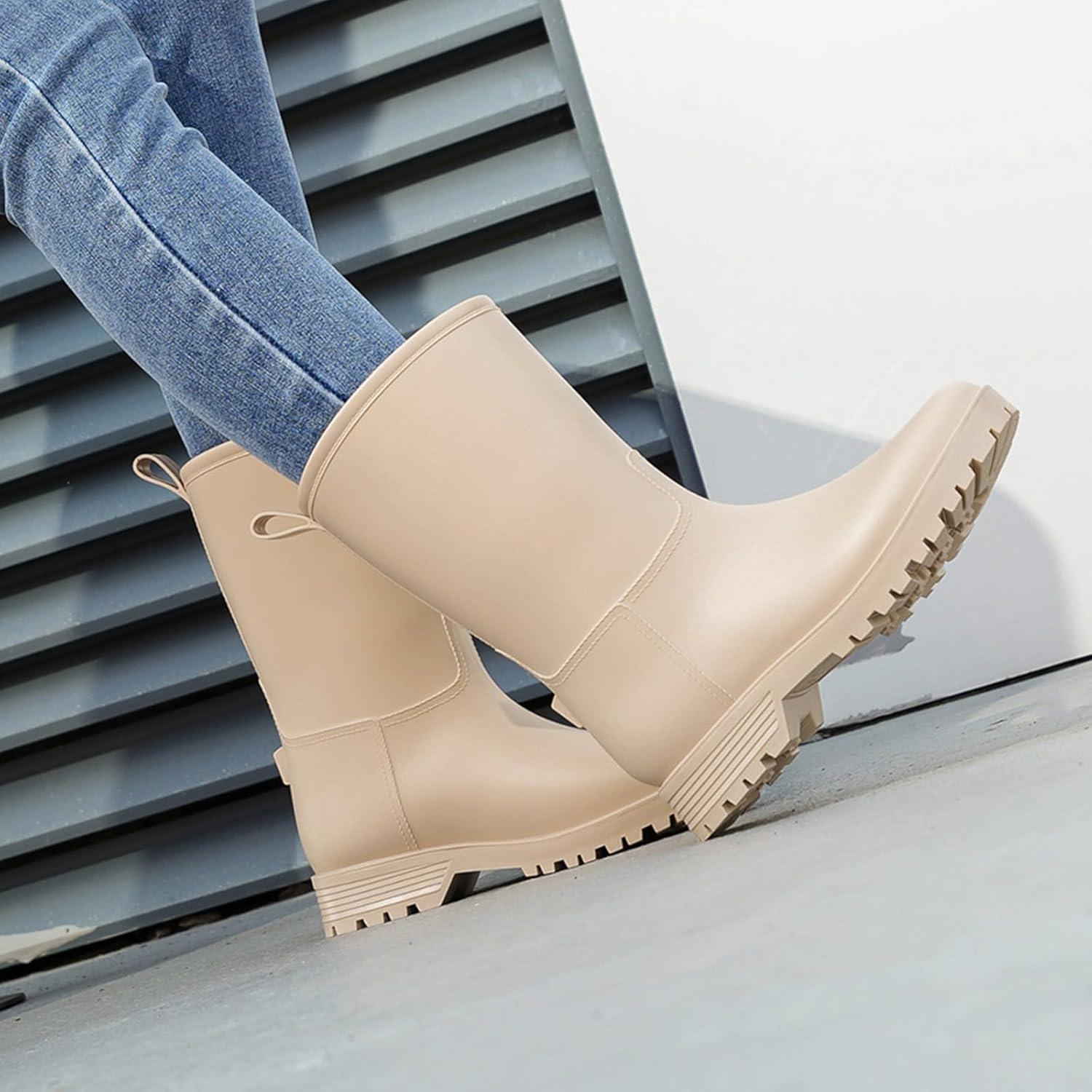 image:imageBottes de Pluie Chic pour Femmes Bottes en Caoutchouc Botte Tendance et Elgante Bottines de Pluie Antidrapant et Durable Jardin BootsBeige