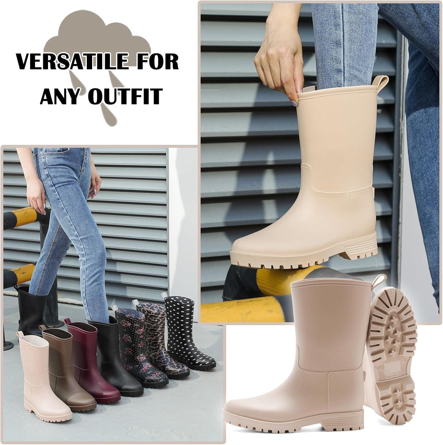 image:imageBottes de Pluie Chic pour Femmes Bottes en Caoutchouc Botte Tendance et Elgante Bottines de Pluie Antidrapant et Durable Jardin BootsBeige