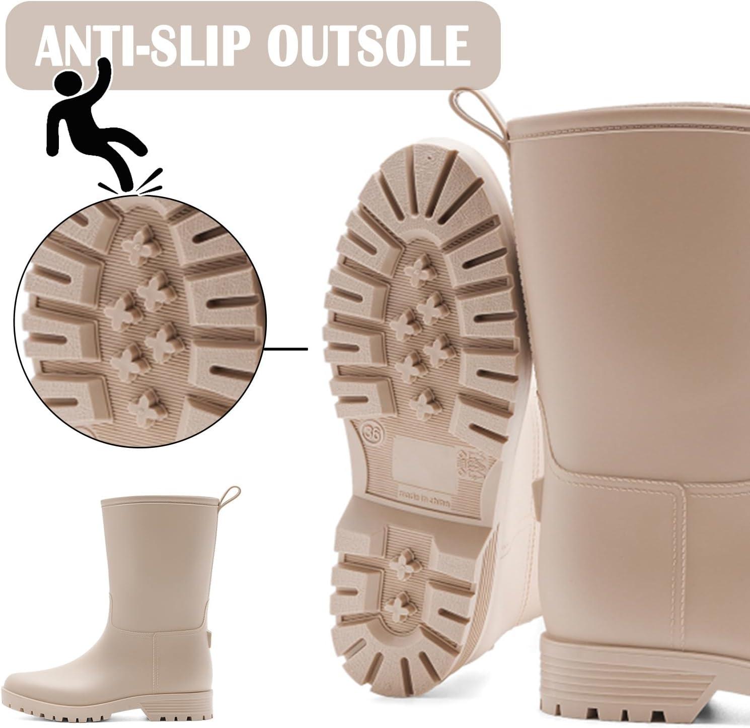 image:imageBottes de Pluie Chic pour Femmes Bottes en Caoutchouc Botte Tendance et Elgante Bottines de Pluie Antidrapant et Durable Jardin BootsBeige