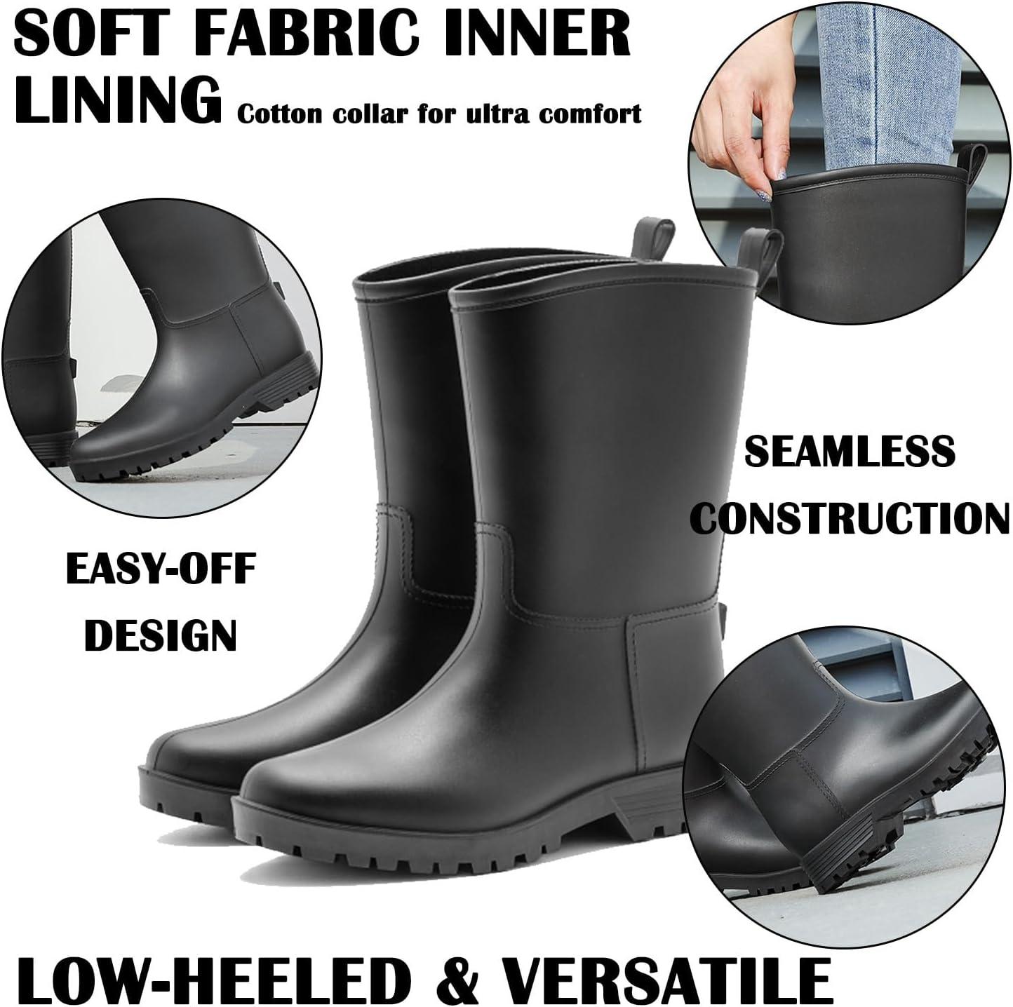 image:imageBottes de Pluie Chic pour Femmes Bottes en Caoutchouc Botte Tendance et Elgante Bottines de Pluie Antidrapant et Durable Jardin BootsNoir