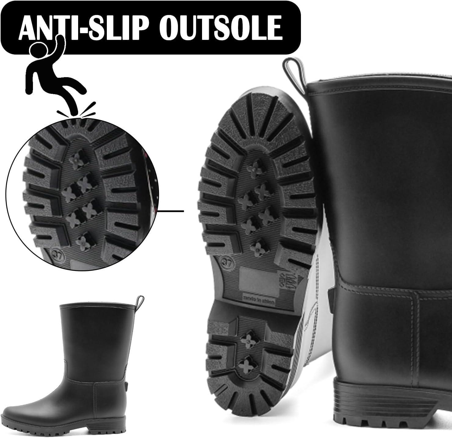 image:imageBottes de Pluie Chic pour Femmes Bottes en Caoutchouc Botte Tendance et Elgante Bottines de Pluie Antidrapant et Durable Jardin BootsNoir