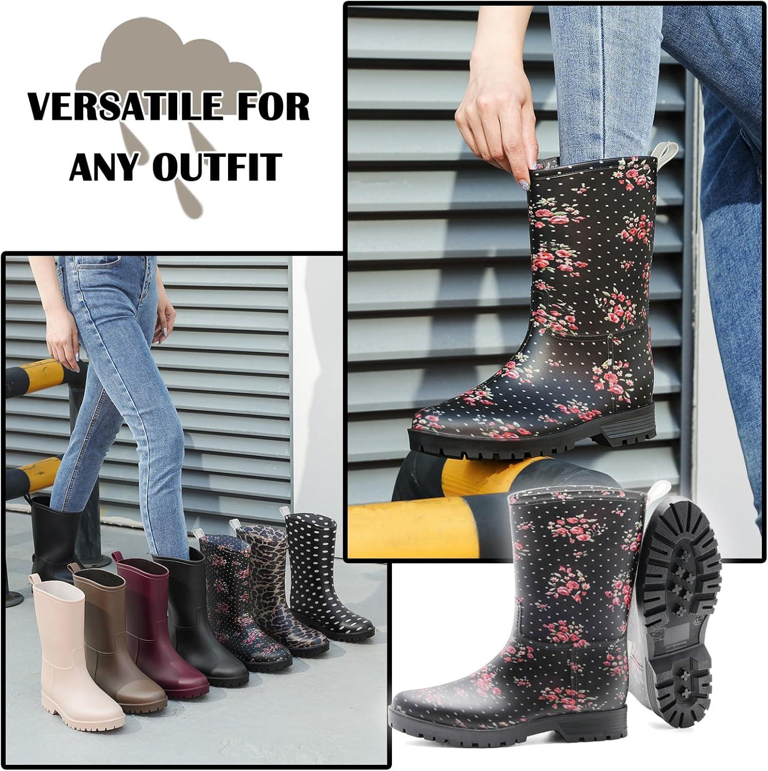 image:imageBottes de Pluie Chic pour Femmes Bottes en Caoutchouc Botte Tendance et Elgante Bottines de Pluie Antidrapant et Durable Jardin BootsNoir 2
