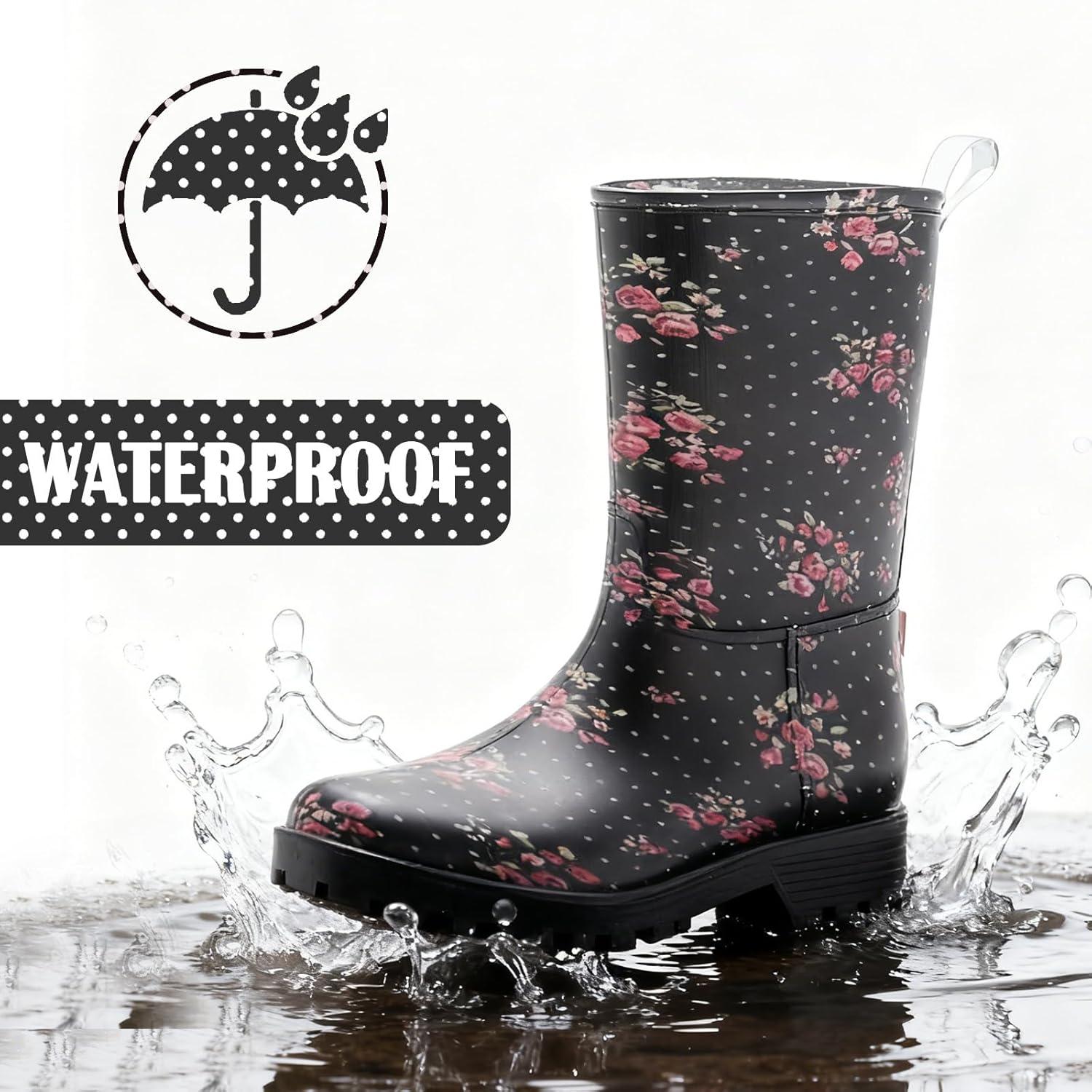 image:imageBottes de Pluie Chic pour Femmes Bottes en Caoutchouc Botte Tendance et Elgante Bottines de Pluie Antidrapant et Durable Jardin BootsNoir 2