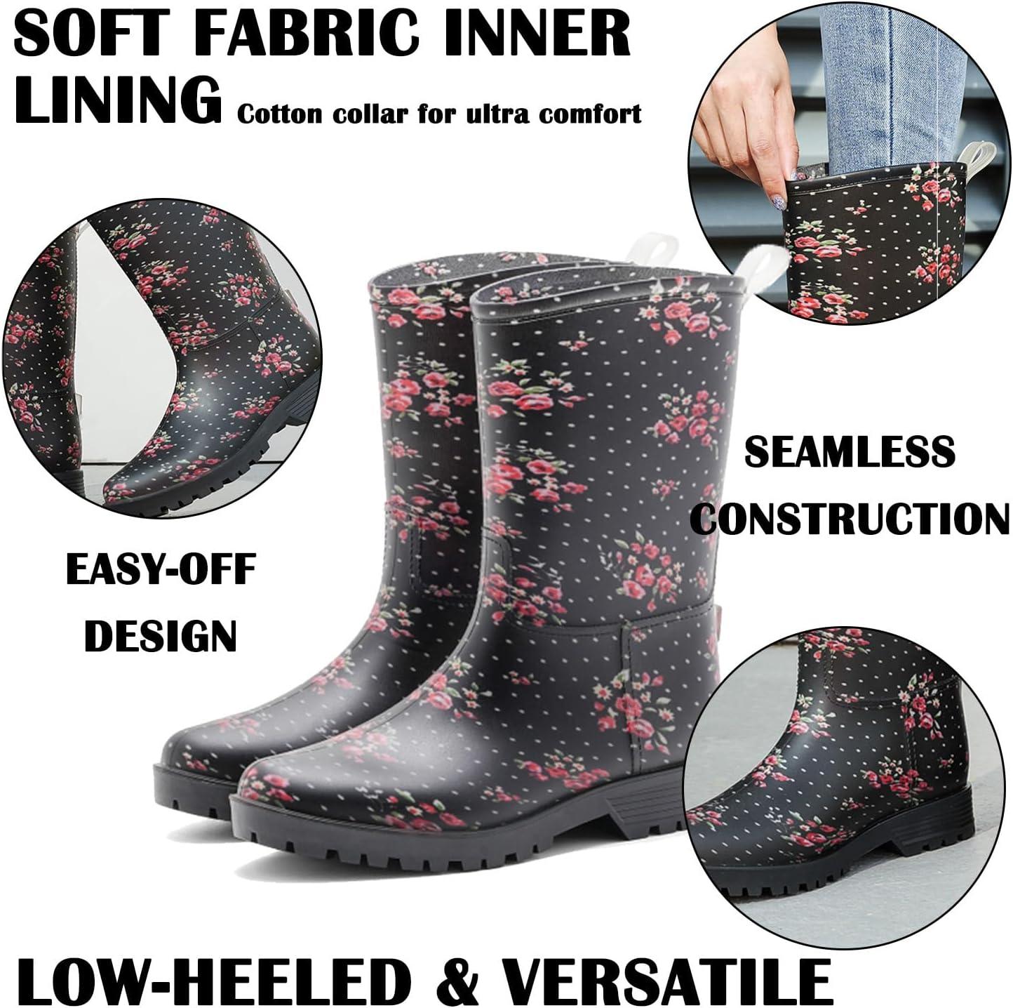 image:imageBottes de Pluie Chic pour Femmes Bottes en Caoutchouc Botte Tendance et Elgante Bottines de Pluie Antidrapant et Durable Jardin BootsNoir 2