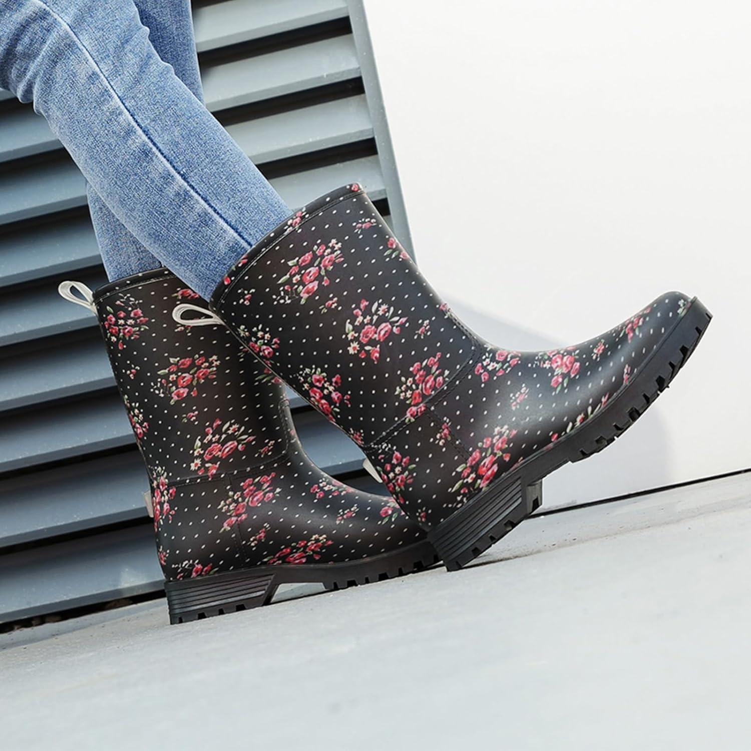 image:imageBottes de Pluie Chic pour Femmes Bottes en Caoutchouc Botte Tendance et Elgante Bottines de Pluie Antidrapant et Durable Jardin BootsNoir 2
