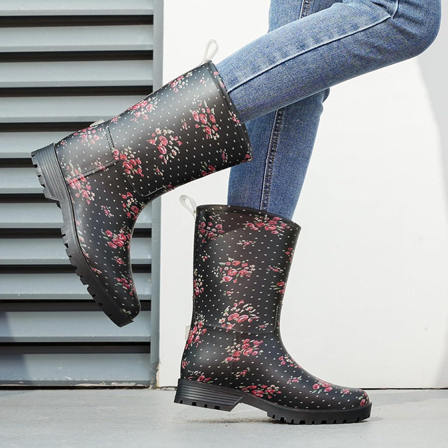 image:imageBottes de Pluie Chic pour Femmes Bottes en Caoutchouc Botte Tendance et Elgante Bottines de Pluie Antidrapant et Durable Jardin BootsNoir 2