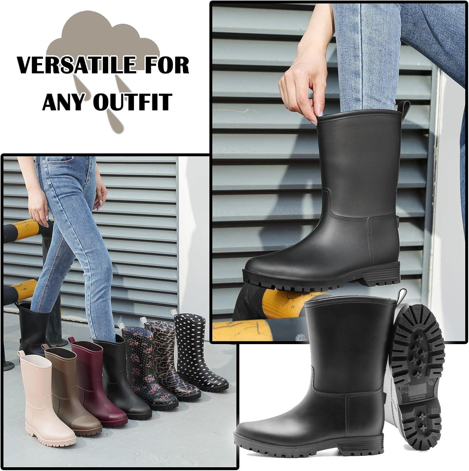 image:imageBottes de Pluie Chic pour Femmes Bottes en Caoutchouc Botte Tendance et Elgante Bottines de Pluie Antidrapant et Durable Jardin BootsNoir