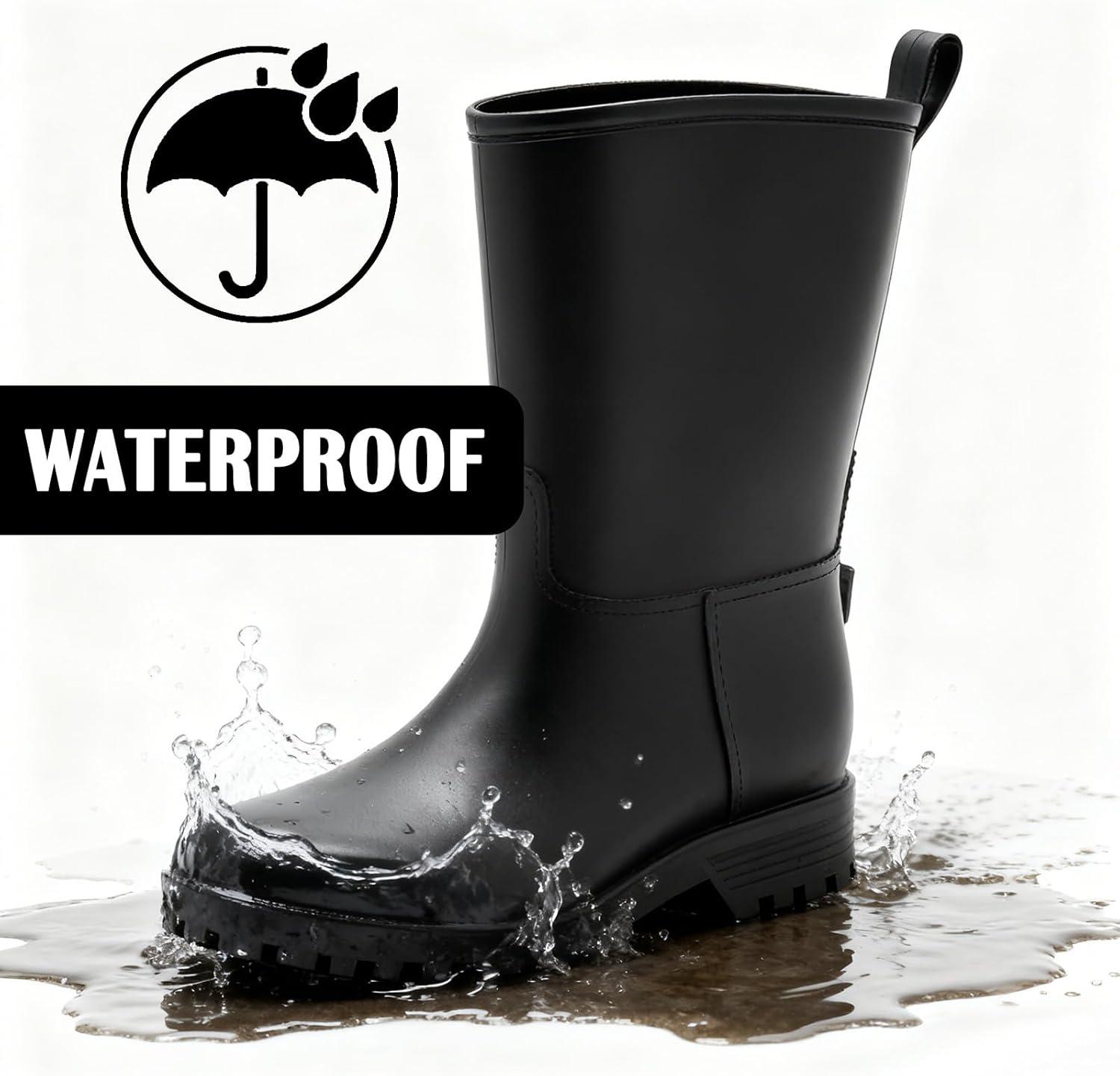 image:imageBottes de Pluie Chic pour Femmes Bottes en Caoutchouc Botte Tendance et Elgante Bottines de Pluie Antidrapant et Durable Jardin BootsNoir
