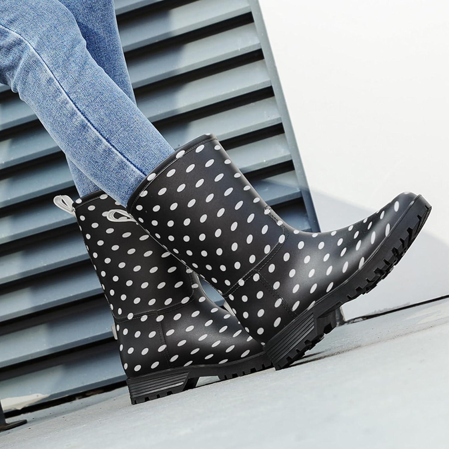 image:imageBottes de Pluie Chic pour Femmes Bottes en Caoutchouc Botte Tendance et Elgante Bottines de Pluie Antidrapant et Durable Jardin BootsNoir Blanc