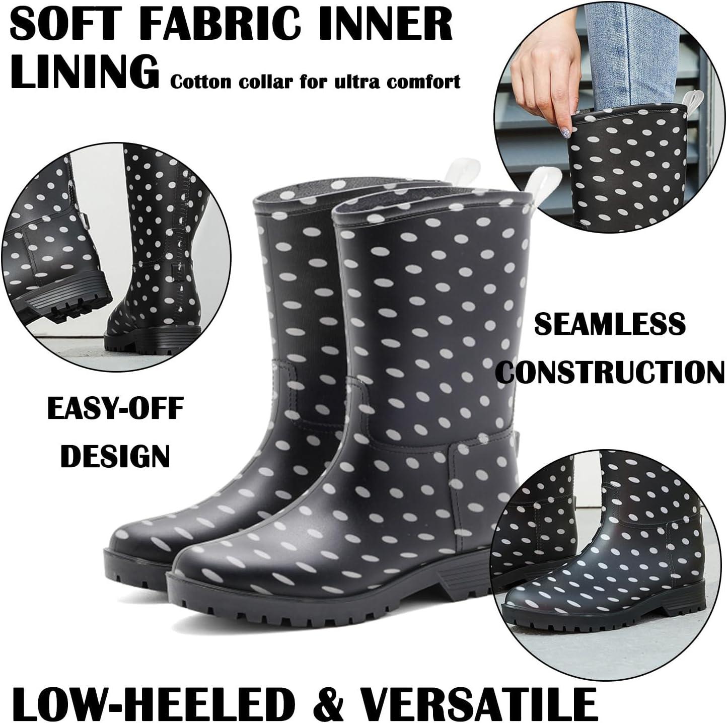 image:imageBottes de Pluie Chic pour Femmes Bottes en Caoutchouc Botte Tendance et Elgante Bottines de Pluie Antidrapant et Durable Jardin BootsNoir Blanc