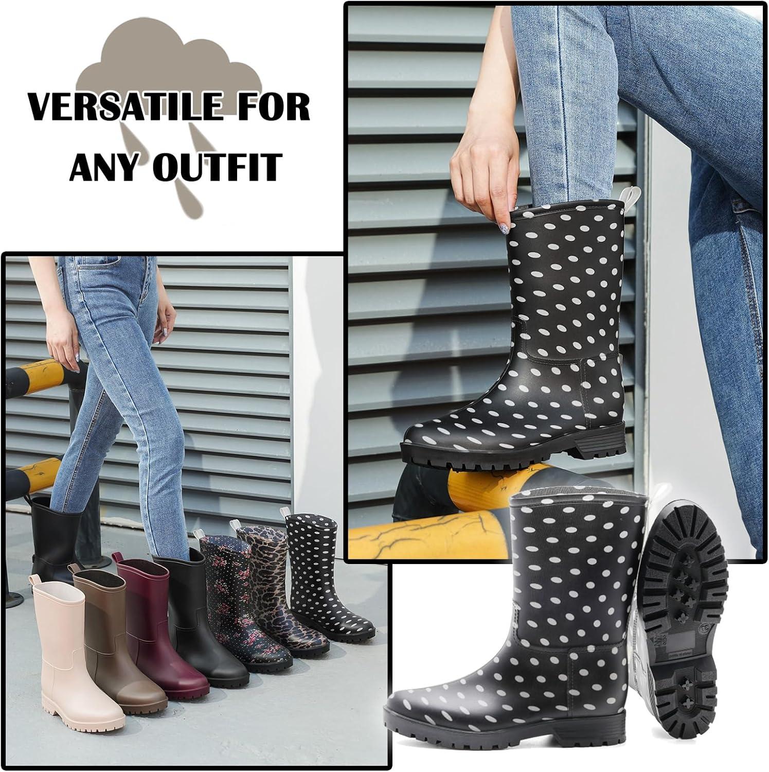 image:imageBottes de Pluie Chic pour Femmes Bottes en Caoutchouc Botte Tendance et Elgante Bottines de Pluie Antidrapant et Durable Jardin BootsNoir Blanc