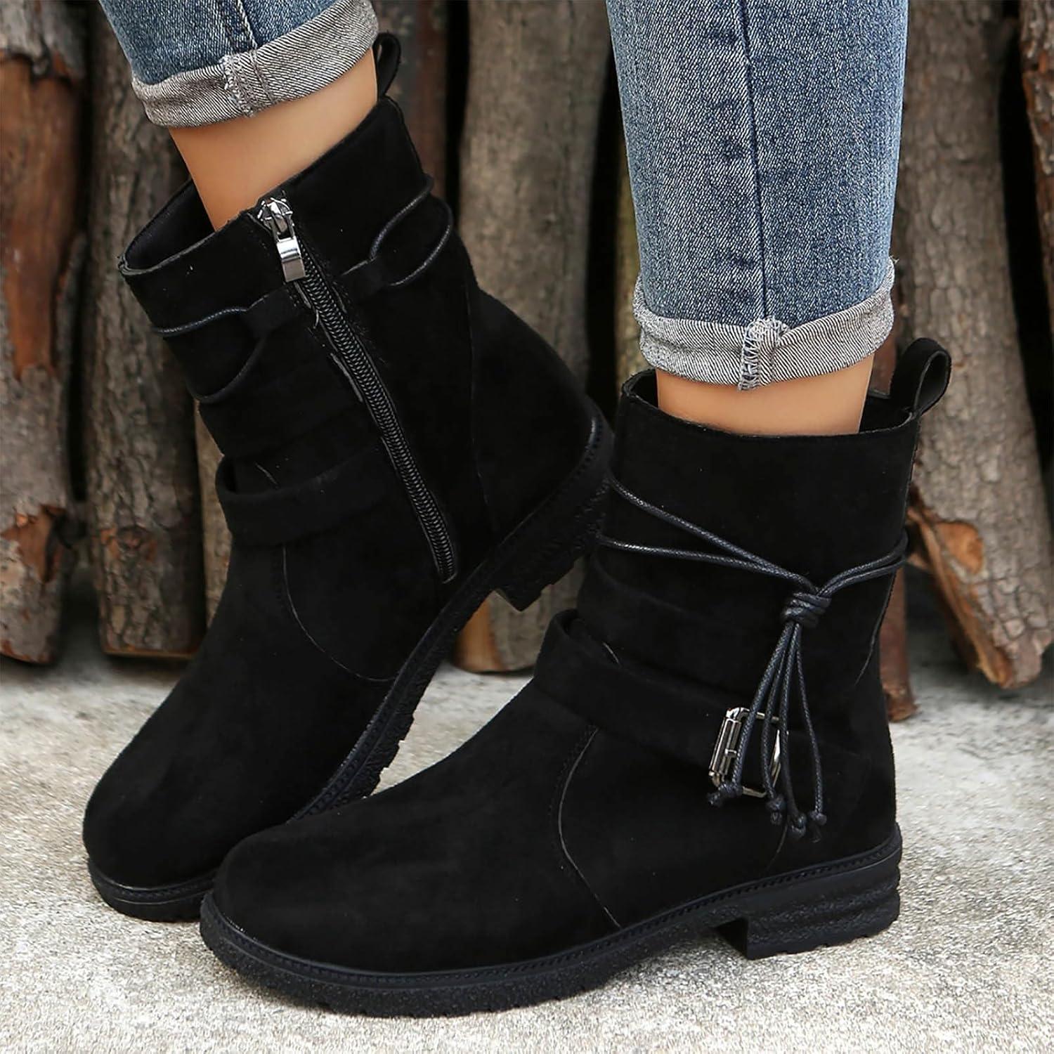 image:imageBottine Femme Bottines Bottes De Pluie Fourres Chaussure Confortable Botte Moto Boots Chaussures Noires Noir Femmes Cuir Et Elegante Pieds Larges pour Talon Caoutchouc Compenses