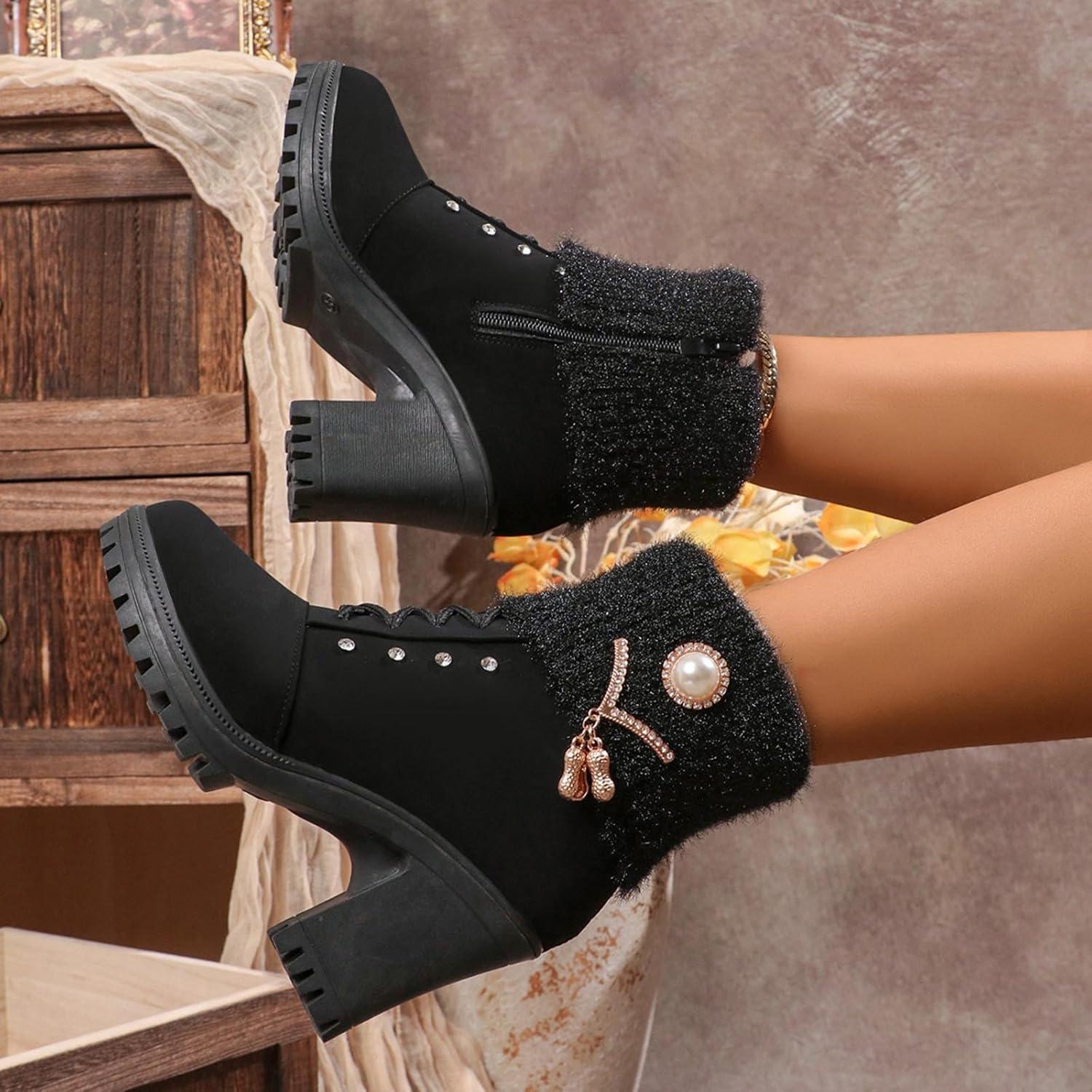 image:imageBottine Femme En Daim Talon lgant Bottines Doublure Polaire Avec Fermeture clair Et Lacets Bottes De Basses Chaud Hiver Confortables Chaussures Bottes Talons pais Boots De LoisirsLe Noir