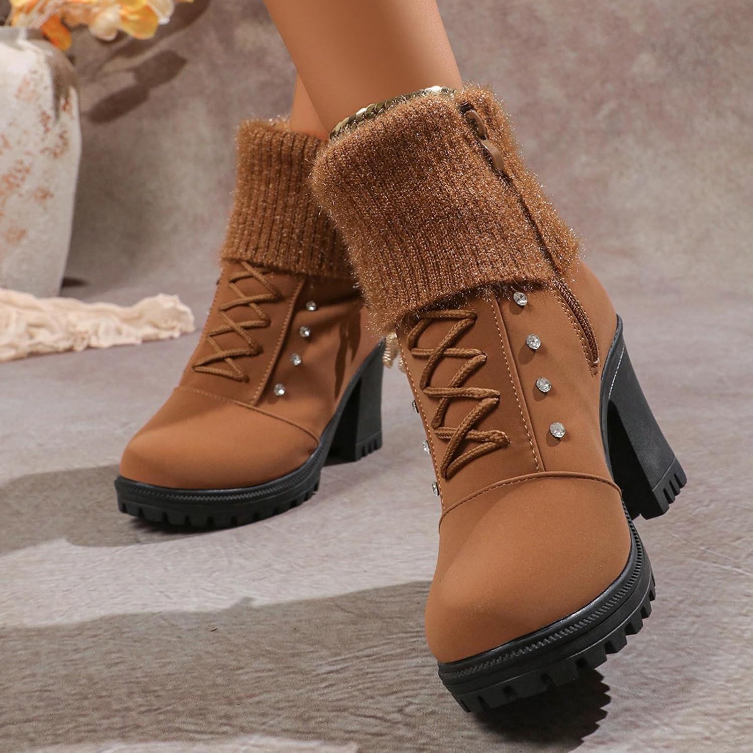 image:imageBottine Femme En Daim Talon lgant Bottines Doublure Polaire Avec Fermeture clair Et Lacets Bottes De Basses Chaud Hiver Confortables Chaussures Bottes Talons pais Boots De LoisirsBrun