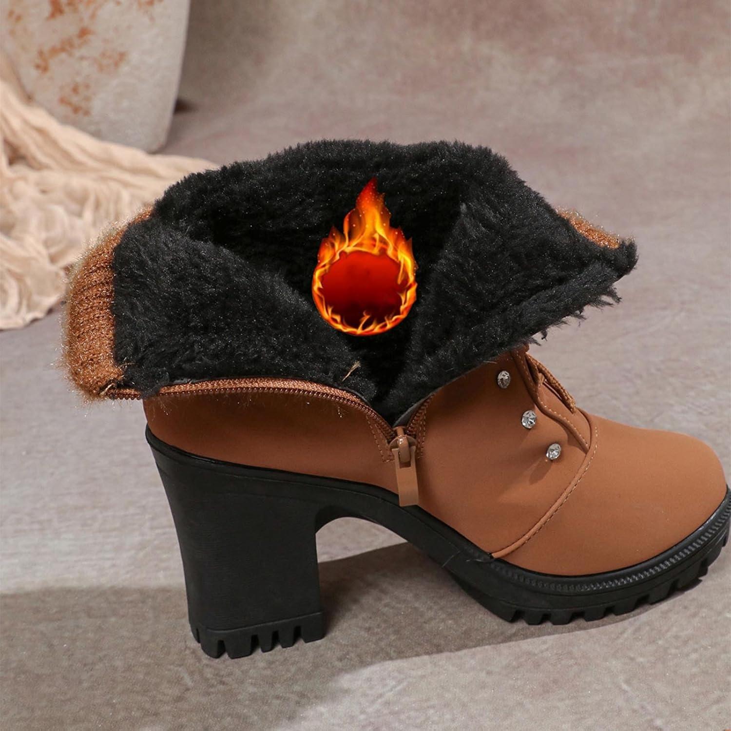 image:imageBottine Femme En Daim Talon lgant Bottines Doublure Polaire Avec Fermeture clair Et Lacets Bottes De Basses Chaud Hiver Confortables Chaussures Bottes Talons pais Boots De LoisirsBrun