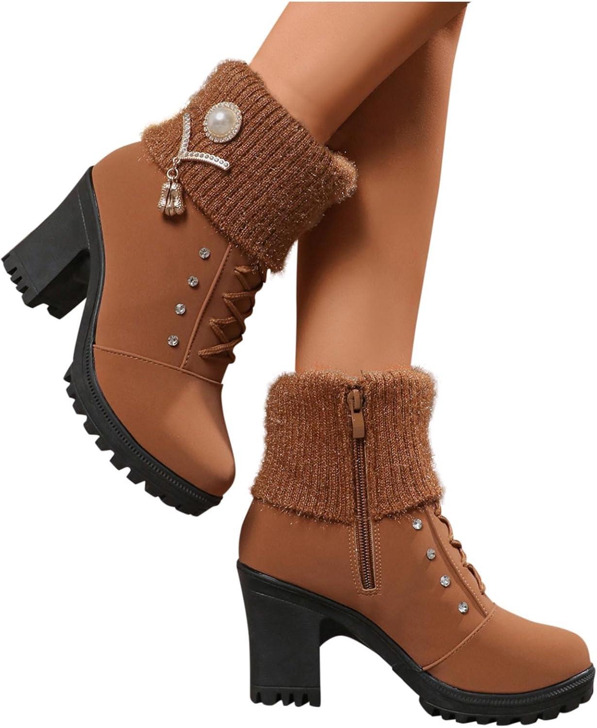 image:imageBottine Femme En Daim Talon lgant Bottines Doublure Polaire Avec Fermeture clair Et Lacets Bottes De Basses Chaud Hiver Confortables Chaussures Bottes Talons pais Boots De LoisirsBrun