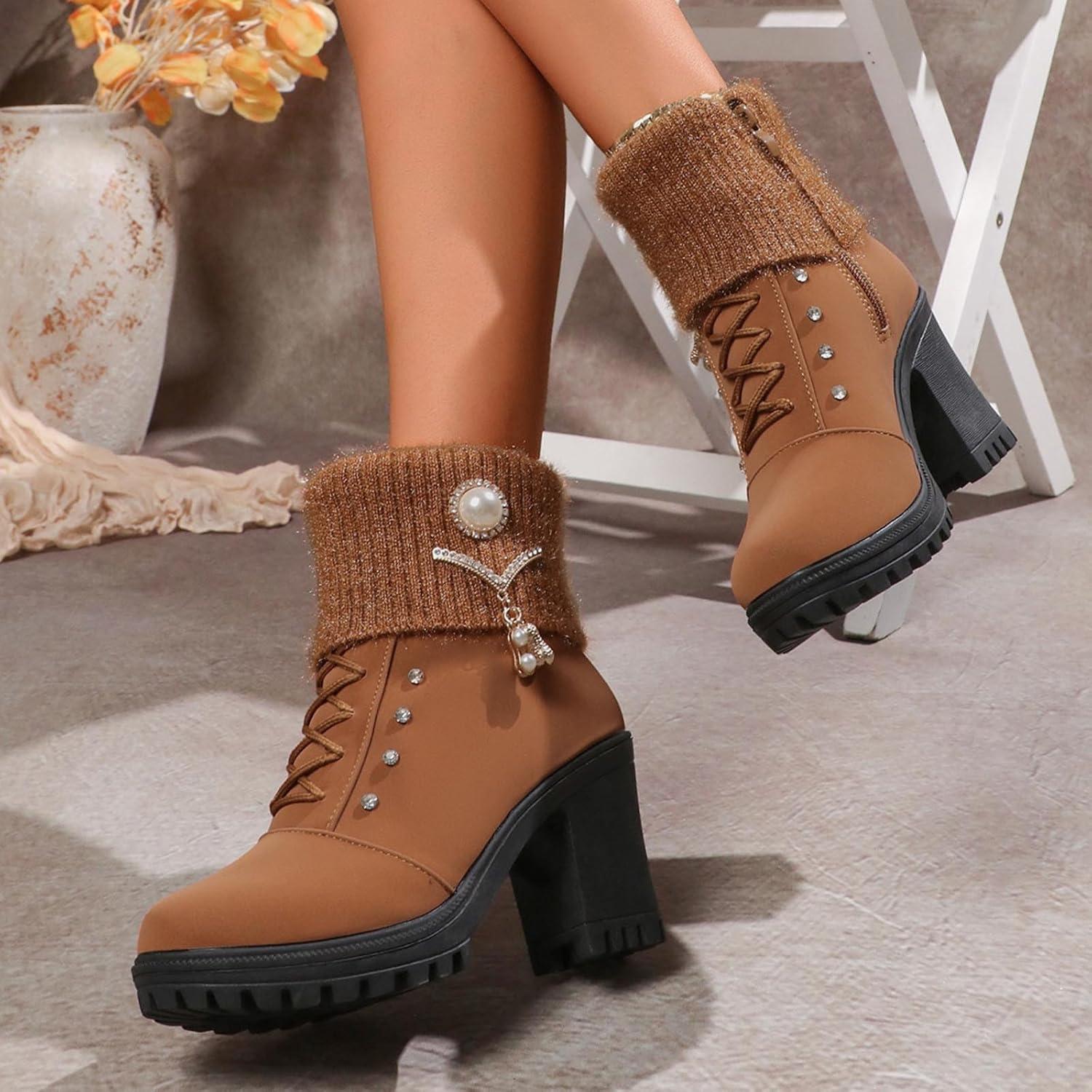 image:imageBottine Femme En Daim Talon lgant Bottines Doublure Polaire Avec Fermeture clair Et Lacets Bottes De Basses Chaud Hiver Confortables Chaussures Bottes Talons pais Boots De LoisirsBrun