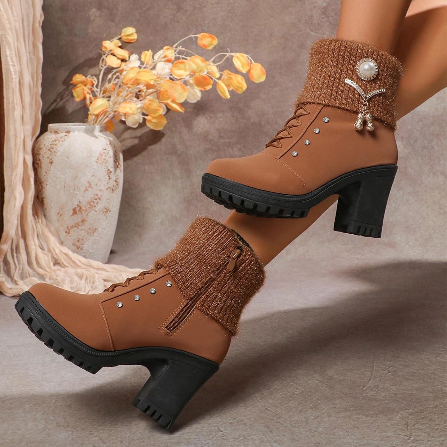 image:imageBottine Femme En Daim Talon lgant Bottines Doublure Polaire Avec Fermeture clair Et Lacets Bottes De Basses Chaud Hiver Confortables Chaussures Bottes Talons pais Boots De LoisirsBrun