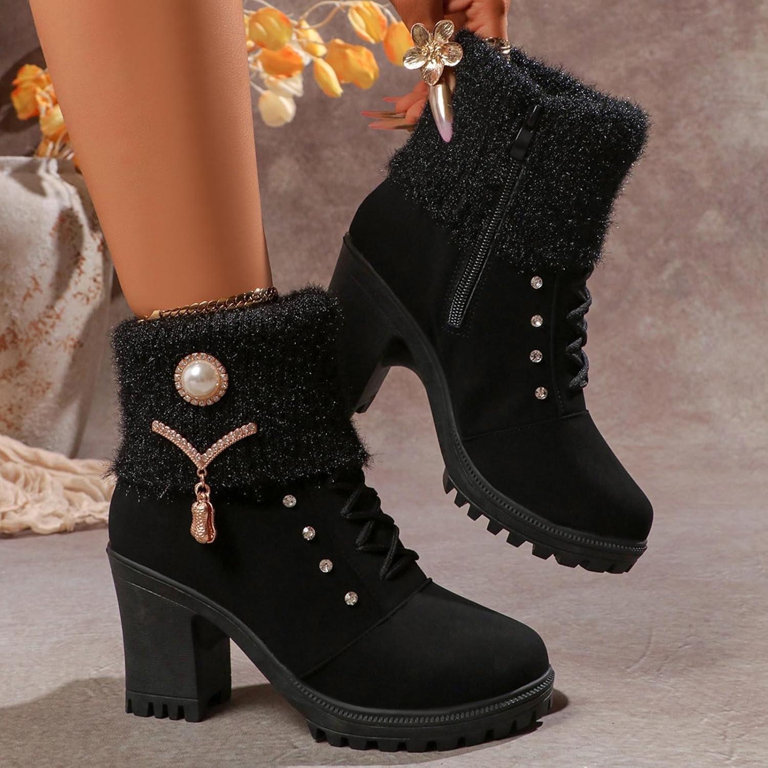 image:imageBottine Femme En Daim Talon lgant Bottines Doublure Polaire Avec Fermeture clair Et Lacets Bottes De Basses Chaud Hiver Confortables Chaussures Bottes Talons pais Boots De LoisirsLe Noir
