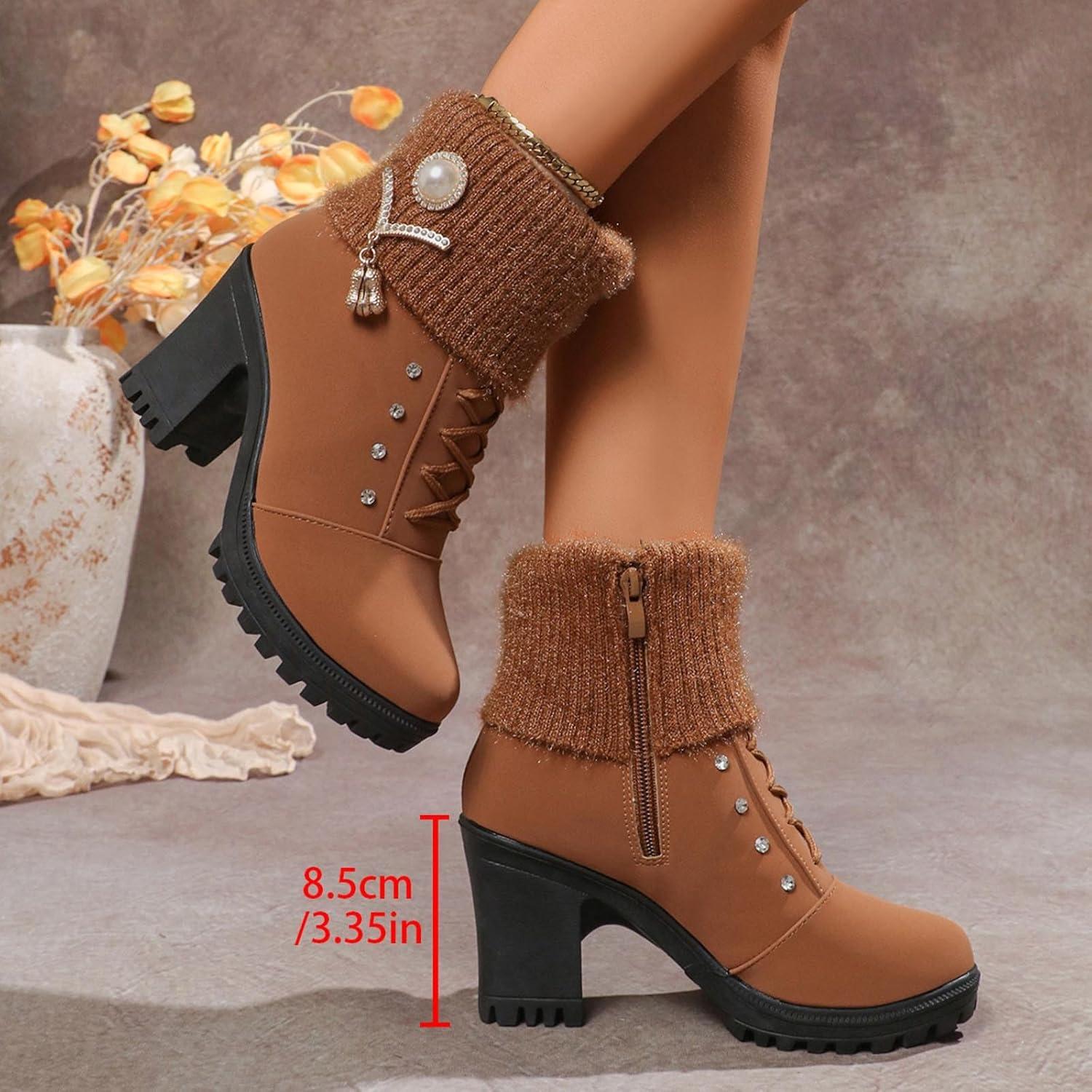 image:imageBottine Femme En Daim Talon lgant Bottines Doublure Polaire Avec Fermeture clair Et Lacets Bottes De Basses Chaud Hiver Confortables Chaussures Bottes Talons pais Boots De LoisirsBrun