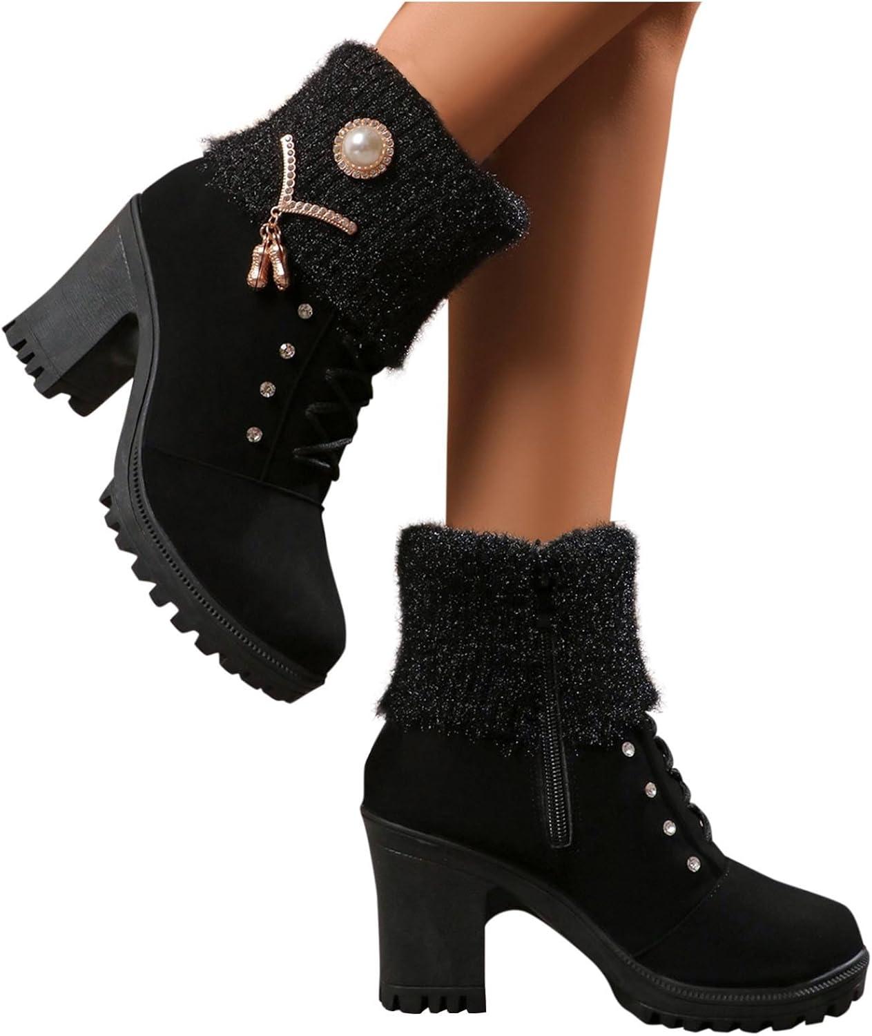 image:imageBottine Femme En Daim Talon lgant Bottines Doublure Polaire Avec Fermeture clair Et Lacets Bottes De Basses Chaud Hiver Confortables Chaussures Bottes Talons pais Boots De LoisirsLe Noir