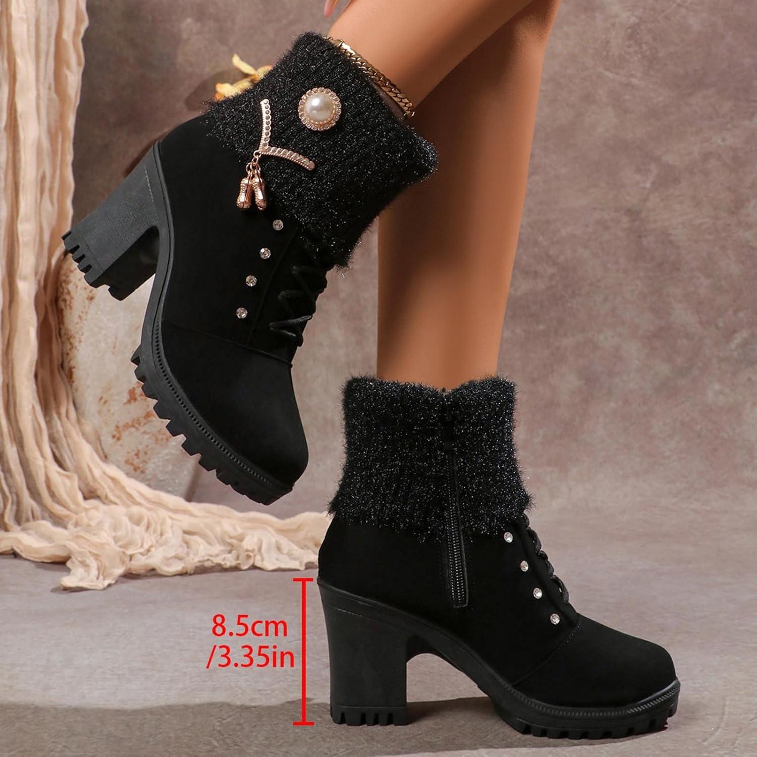 image:imageBottine Femme En Daim Talon lgant Bottines Doublure Polaire Avec Fermeture clair Et Lacets Bottes De Basses Chaud Hiver Confortables Chaussures Bottes Talons pais Boots De LoisirsLe Noir